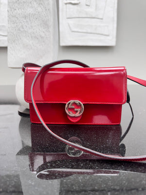 Gucci Red Patent Leather Interlocking G Wallet on Chain