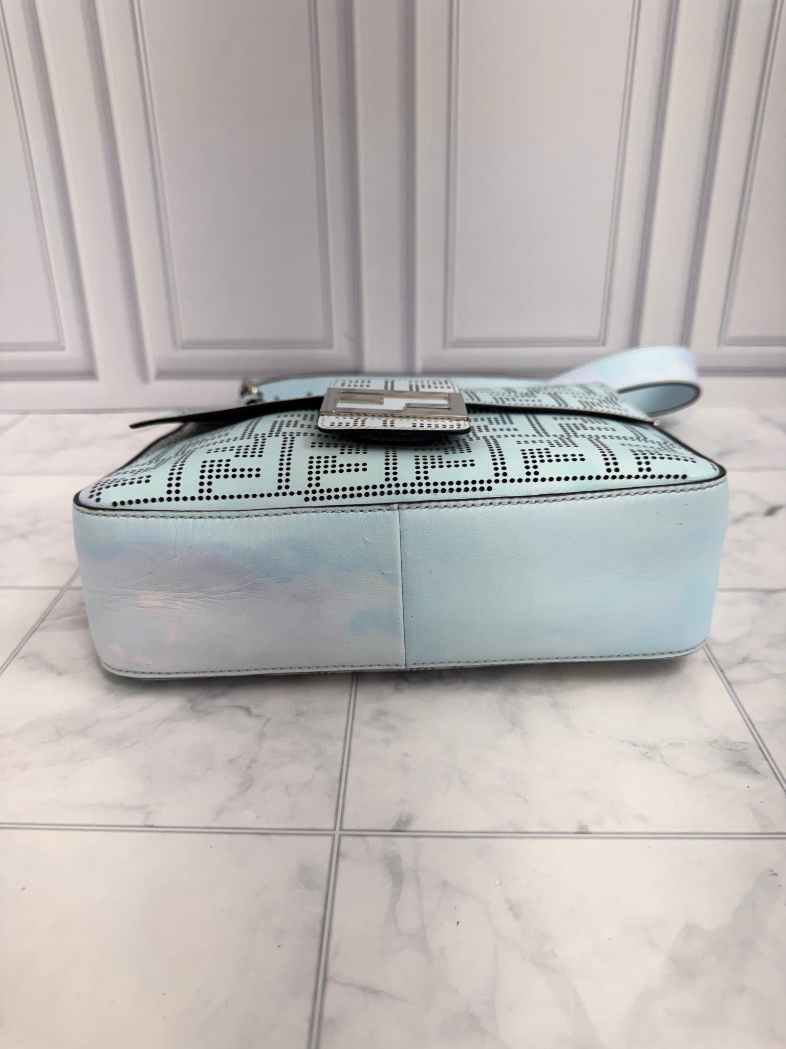 Fendi Baby Blue Tie Dye Perforated Zucca Leather Baguette Medium Messenger Bag