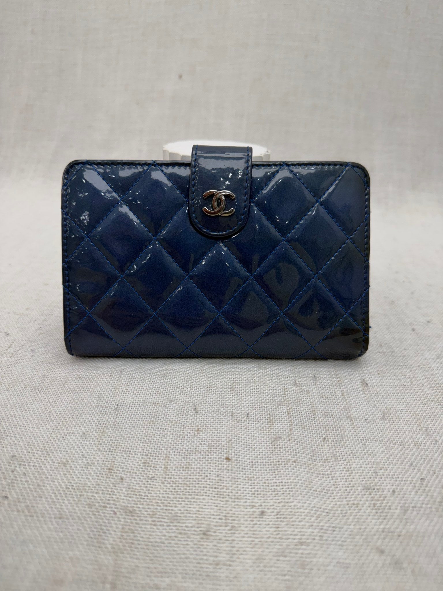 Chanel Blue Quilted Patent Leather Compact Wallet