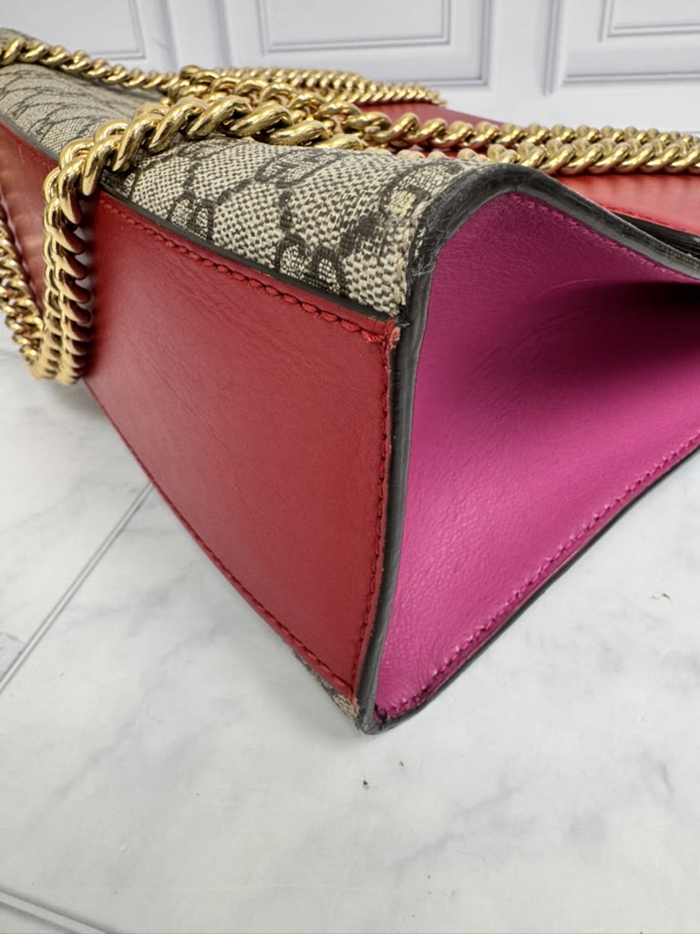 Gucci GG Supreme And Red Leather Padlock Chain Shoulder Bag
