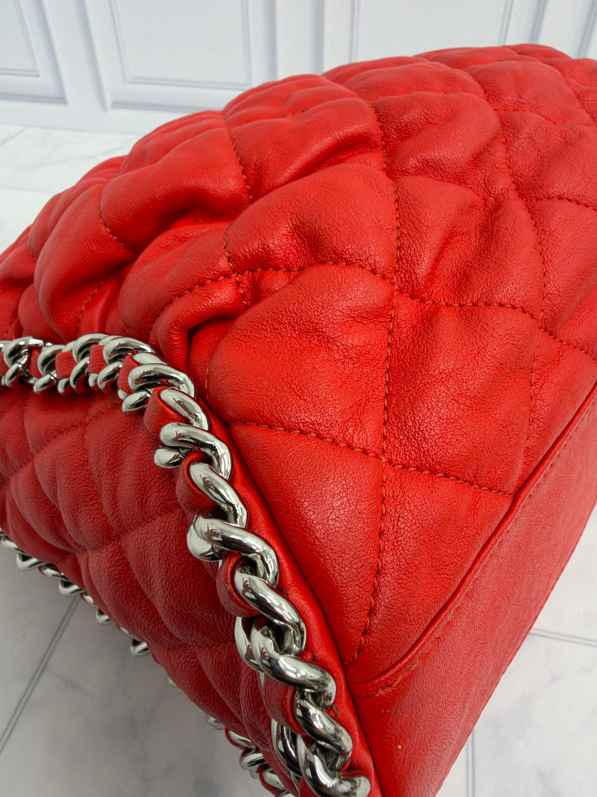Chanel Red Quilted Washed Lambskin Medium Chain Around Hobo Bag