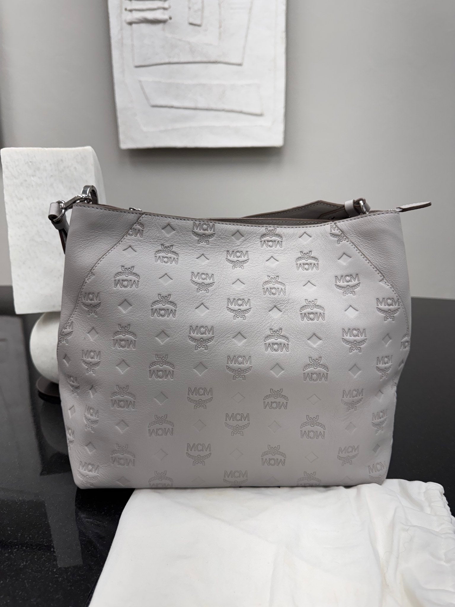 MCM Gray Visetos Embossed Leather Tote Bag
