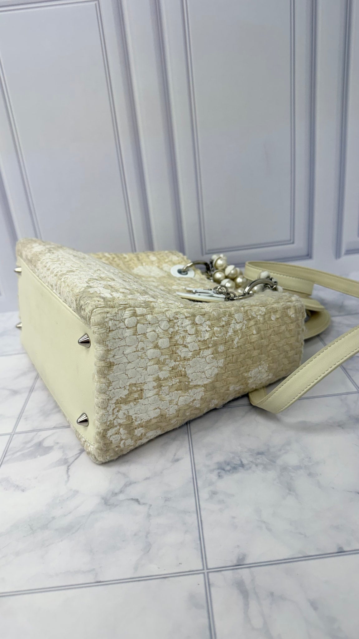 Christian Dior Ivory Tweed And Pearl Lady Dior Handbag 