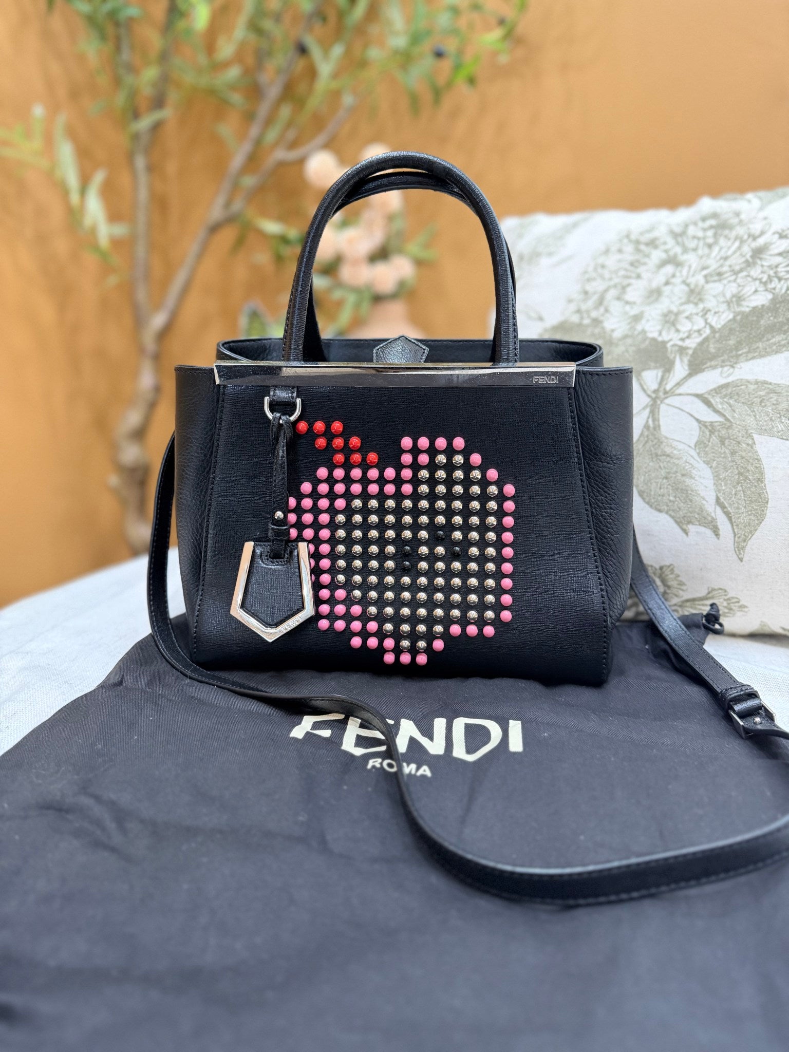 Fendi Black Leather Studded Apple Petite 2Jours 2Way Bag
