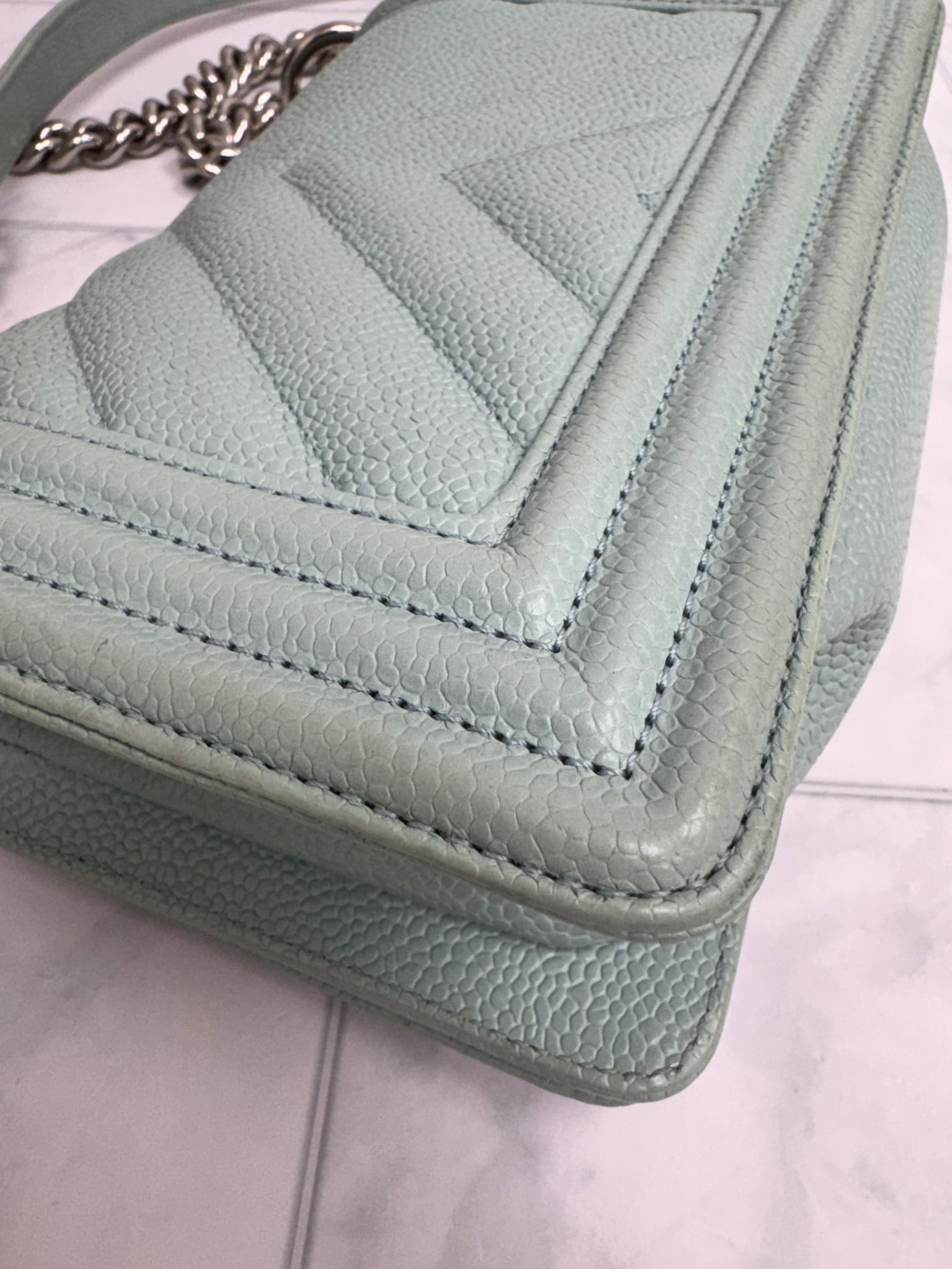 Chanel Blue Chevron Quilted Caviar Leather Small Boy Flap Crossbody Bag