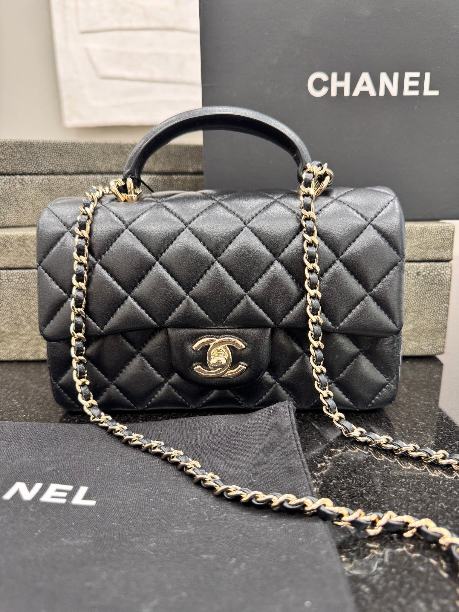 Chanel Black Quilted Leather Mini Flap 2 Way Bag
