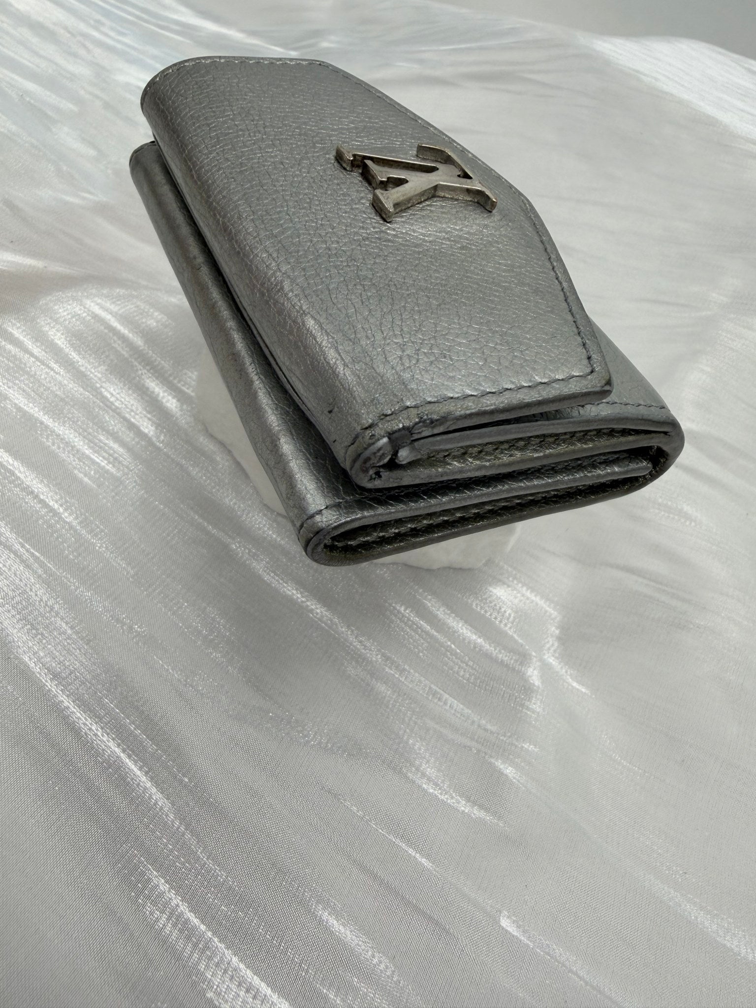 Louis Vuitton Silver Leather Mini Lockme Compact Trifold Wallet