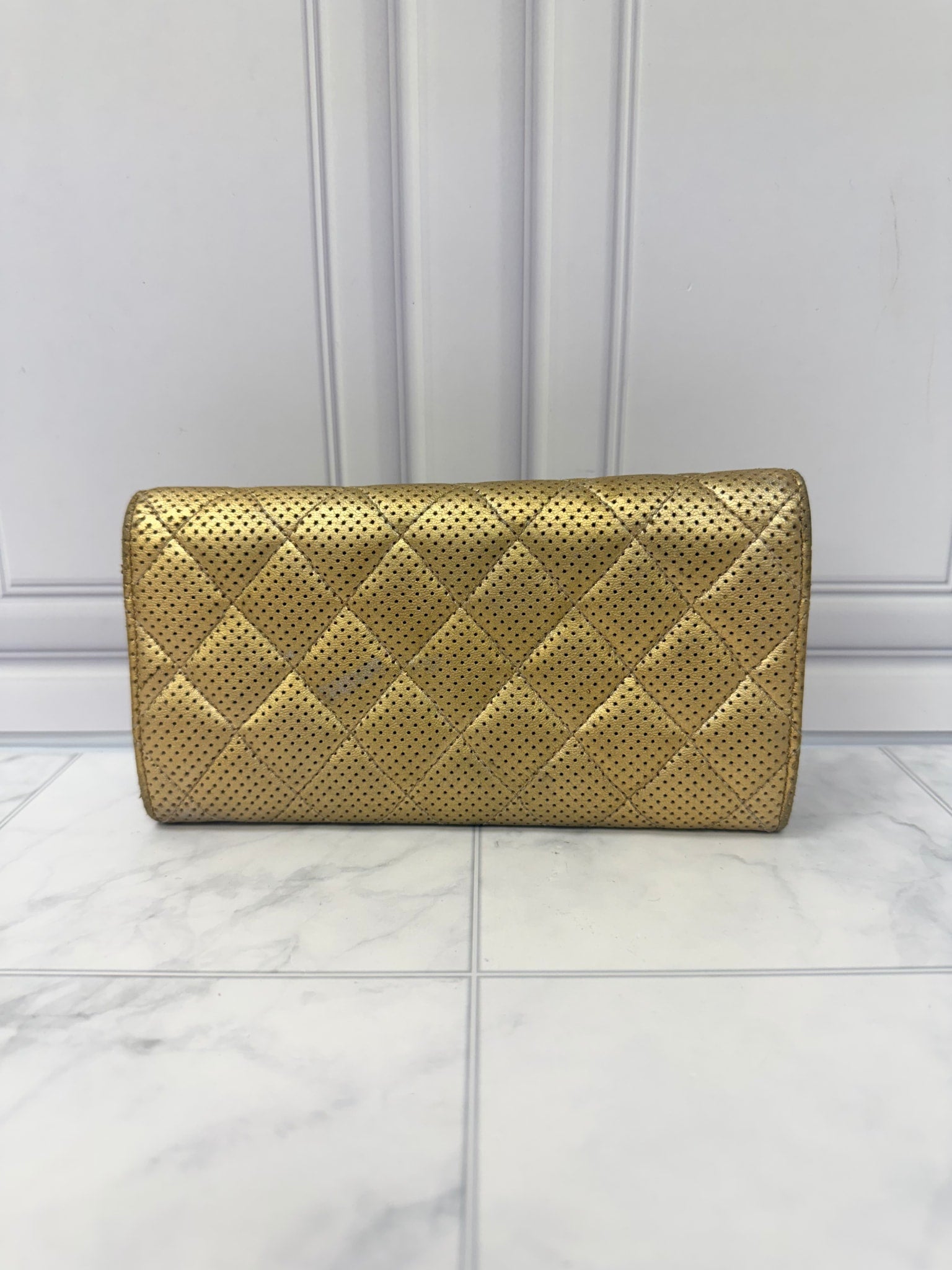 Chanel Gold Perforated Leather Flap Wallet 