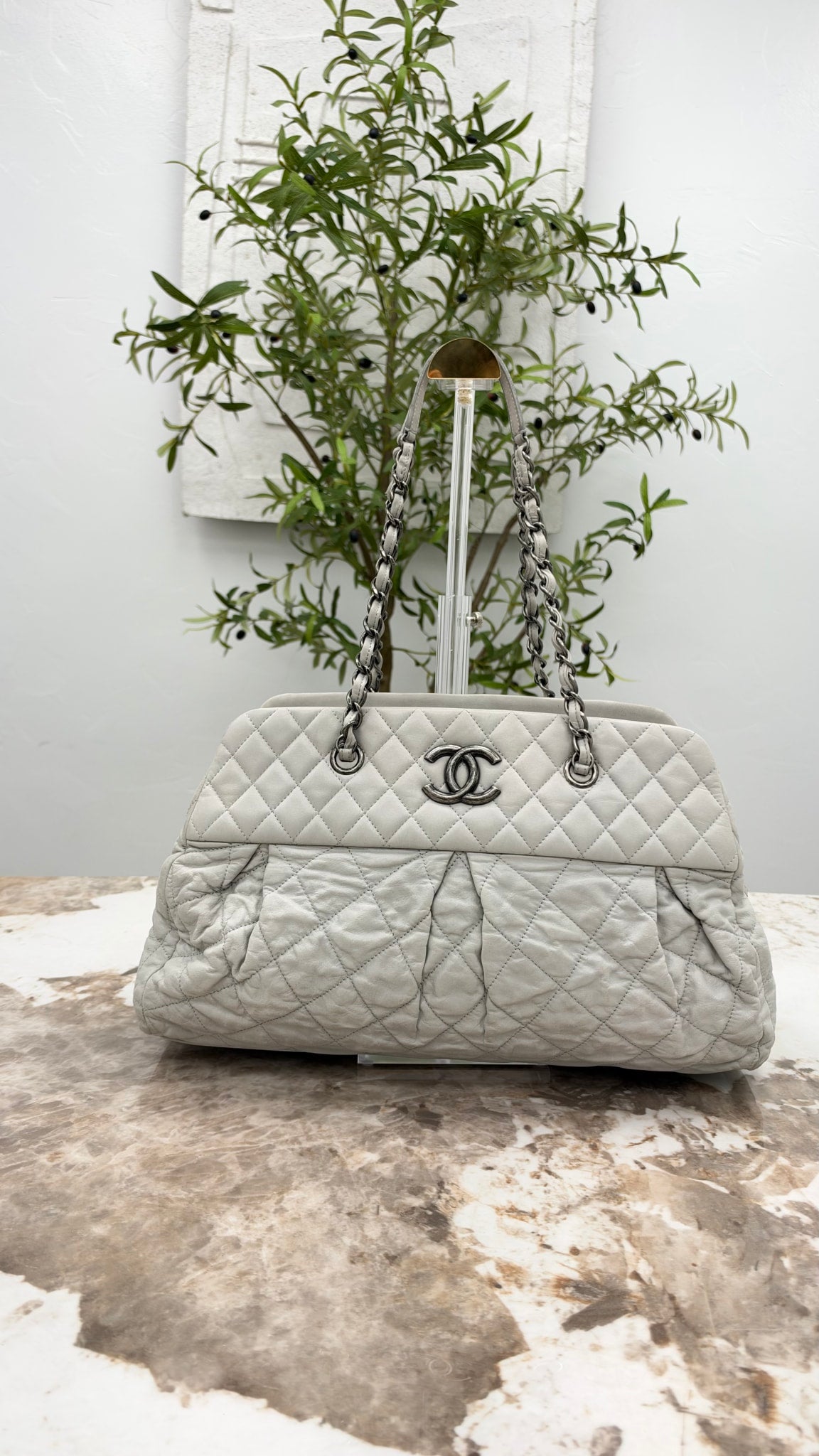 Chanel Grey Quilted Iridescent Calfskin Leather Chic Quilt Large Bowling Bag