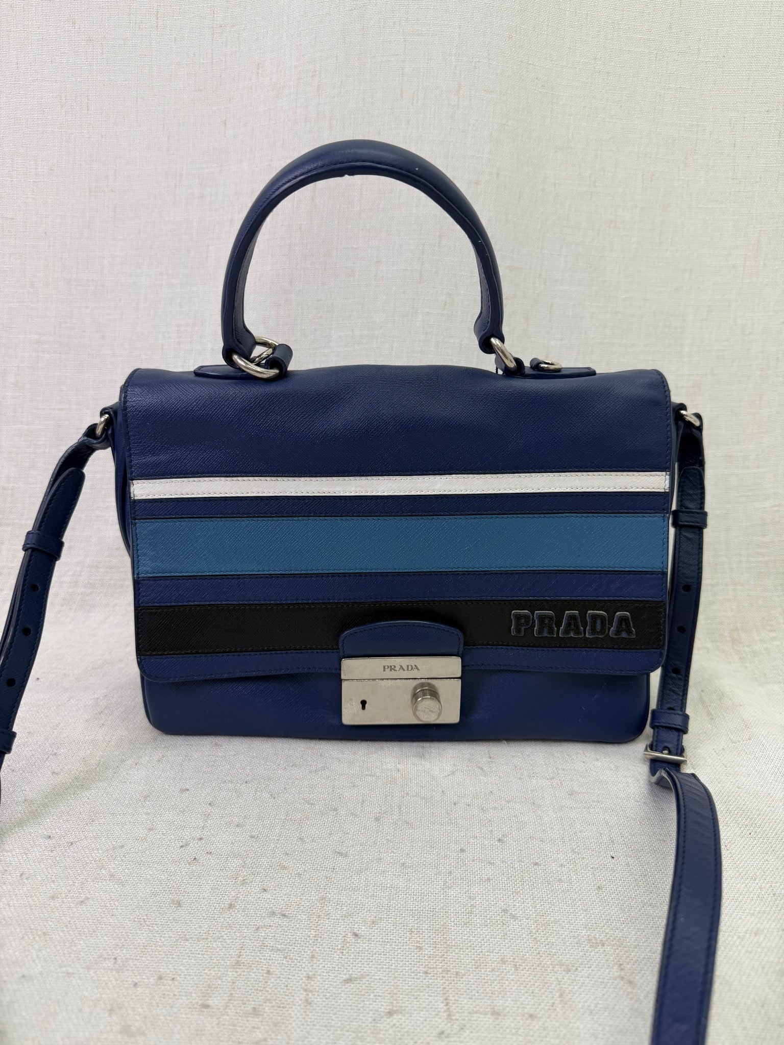 Prada Blue Saffiano Leather Righe Sound Lock Satchel Tote