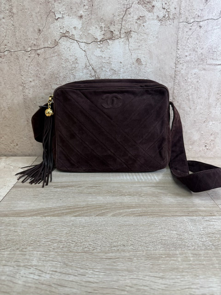 Chanel Dark Brown Suede Chevron CC Tassel Camera Bag