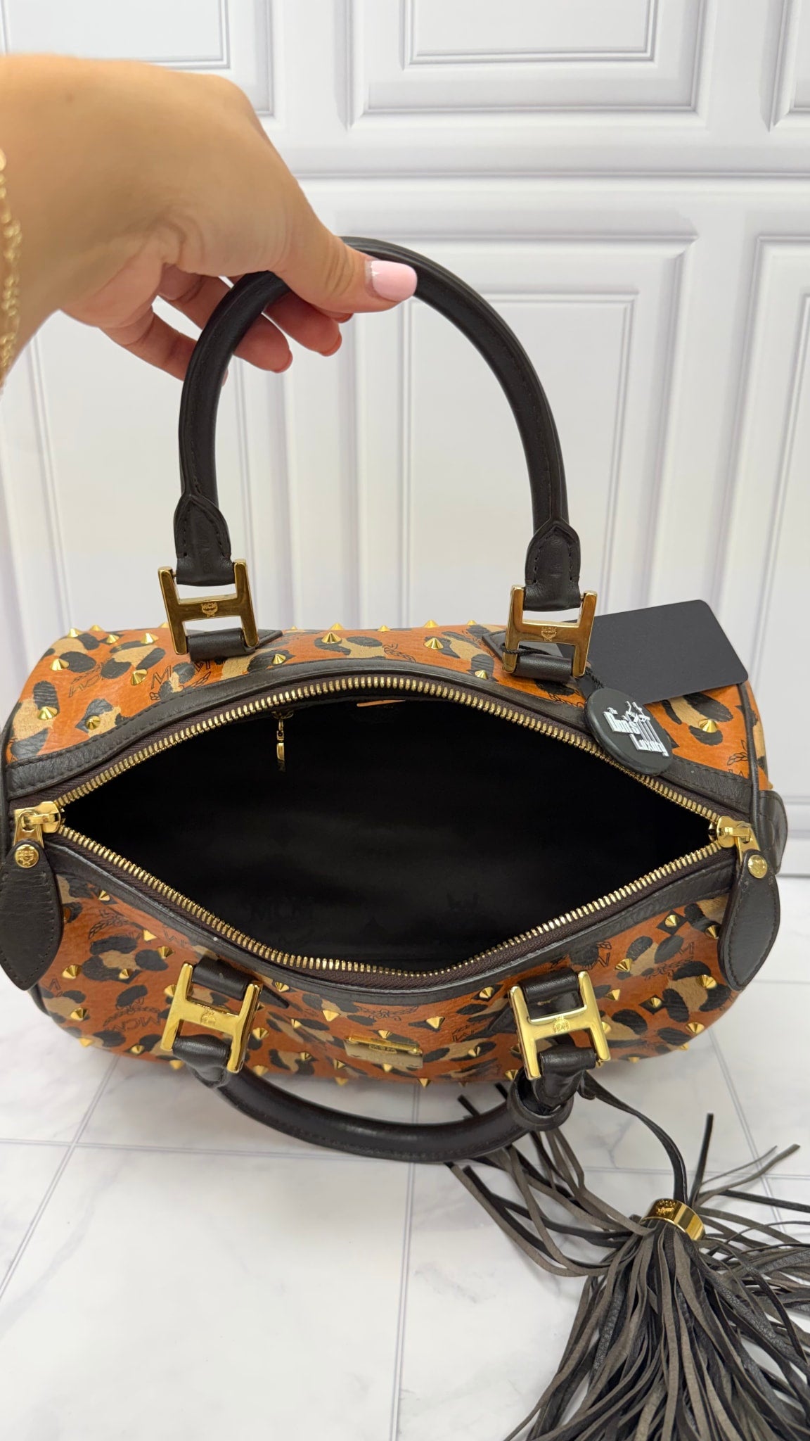 MCM Brown And Black Visetos Leopard Print Boston Bag