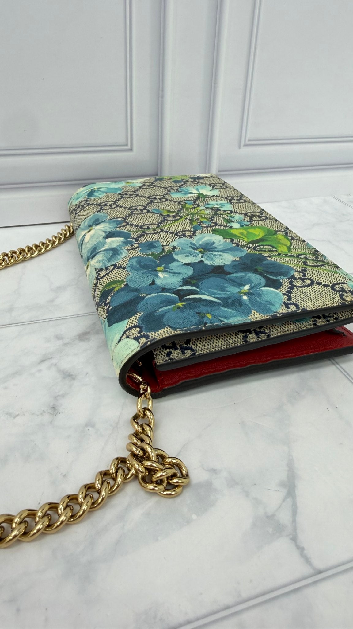 Gucci Blue GG Supreme Blooms Wallet on A Chain