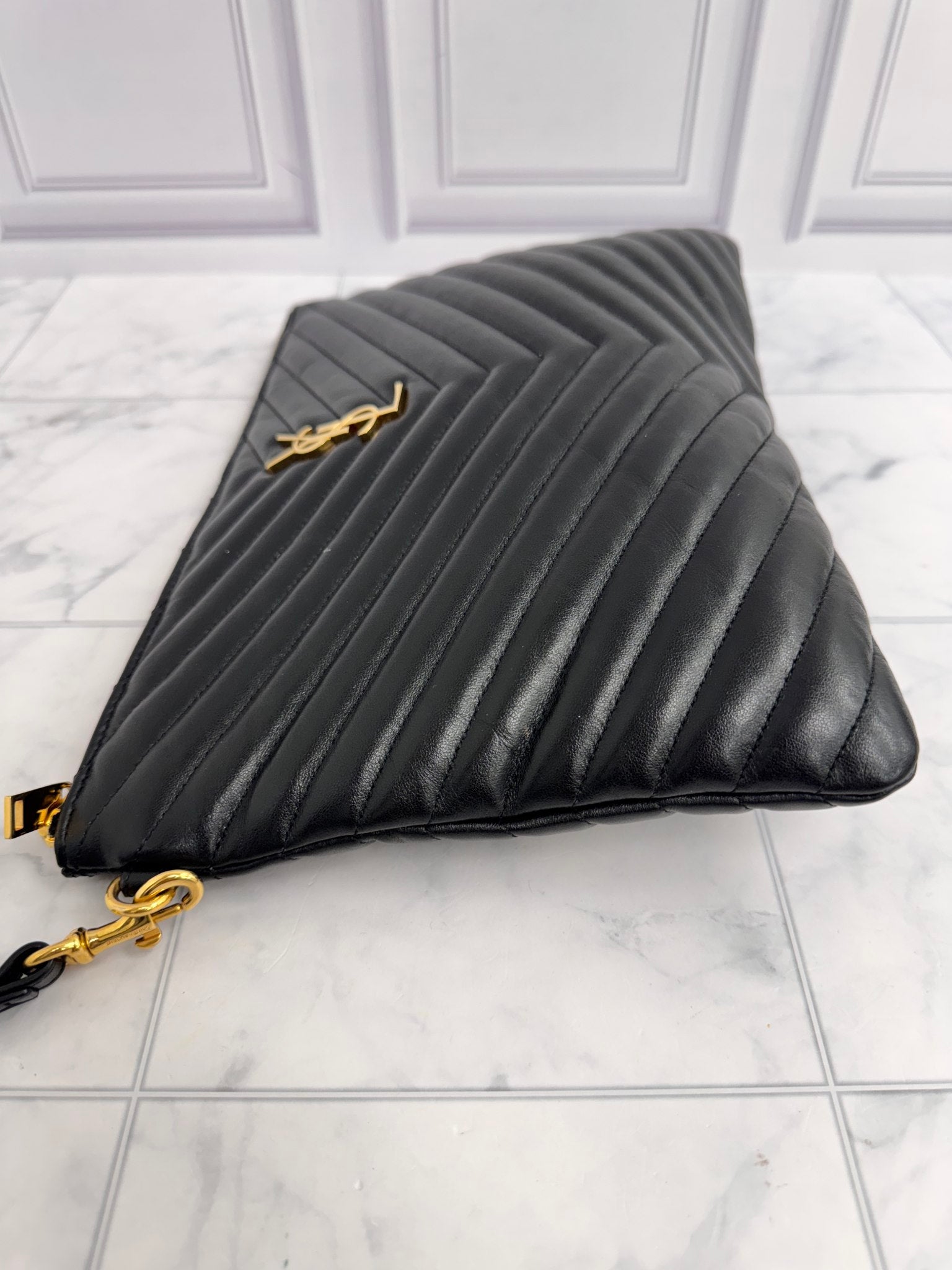 Saint Laurent YSL Black Chevron Quilted Leather Cassandre Large Pouch