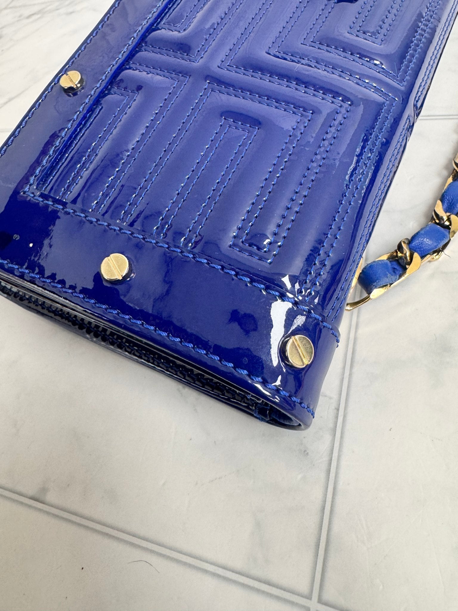 Versace Blue Quilted Patent Leather Flap Chain Shoulder Bag