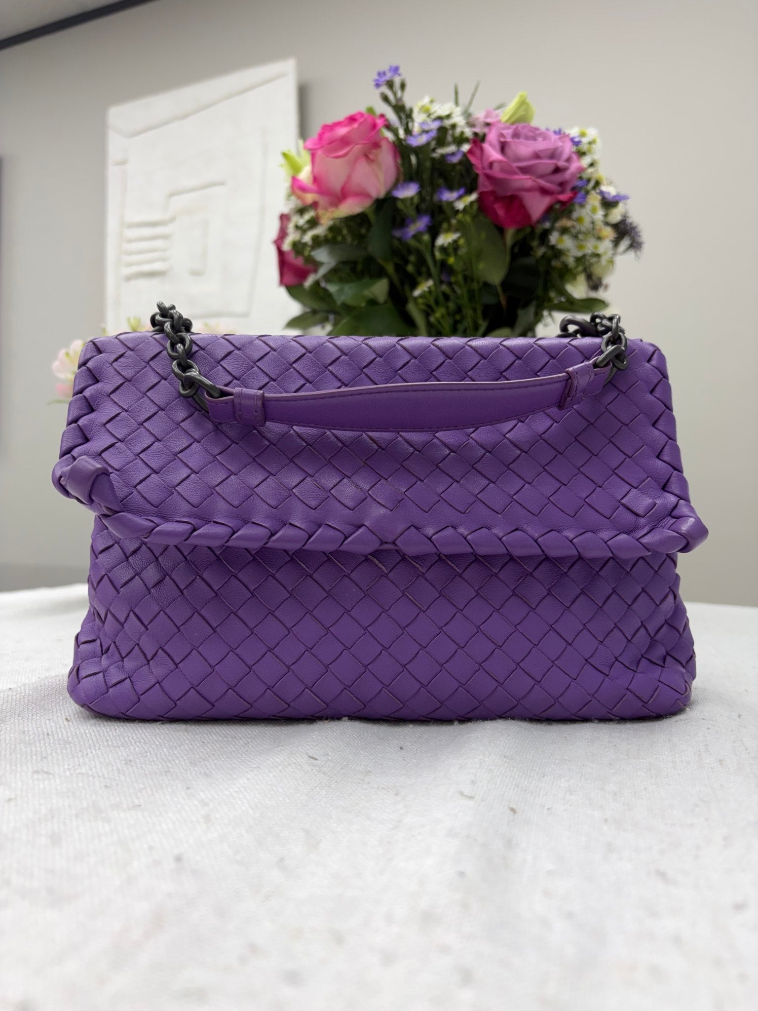 Bottega Veneta Purple Leather Woven Chain Shoulder Bag