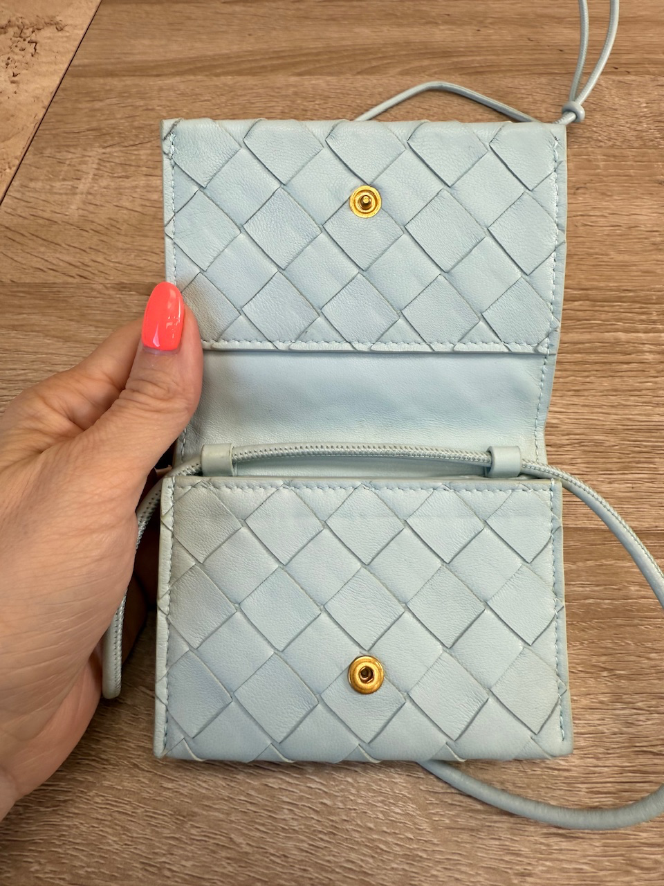 Bottega Veneta Sky Blue Leather Card Case on Strap