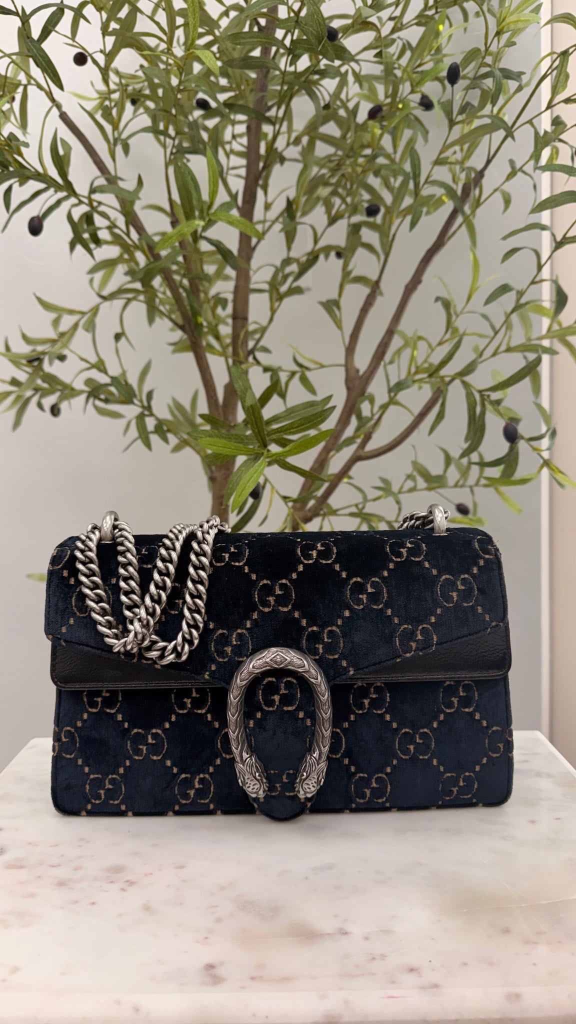 Gucci Navy GG Monogram Velvet Small Dionysus Shoulder Bag