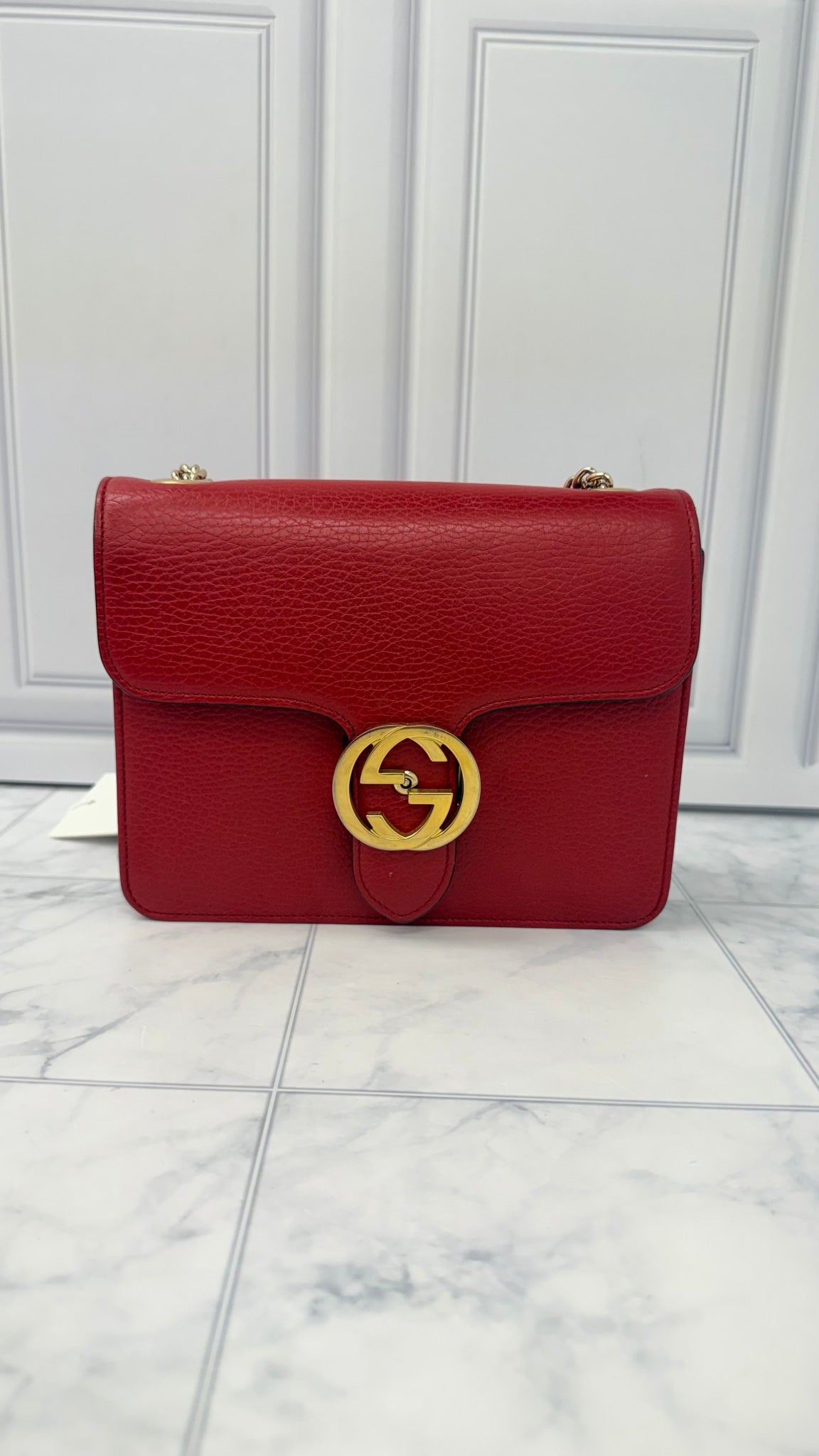 Gucci Red Grained Leather Interlocking G Small Crossbody Bag