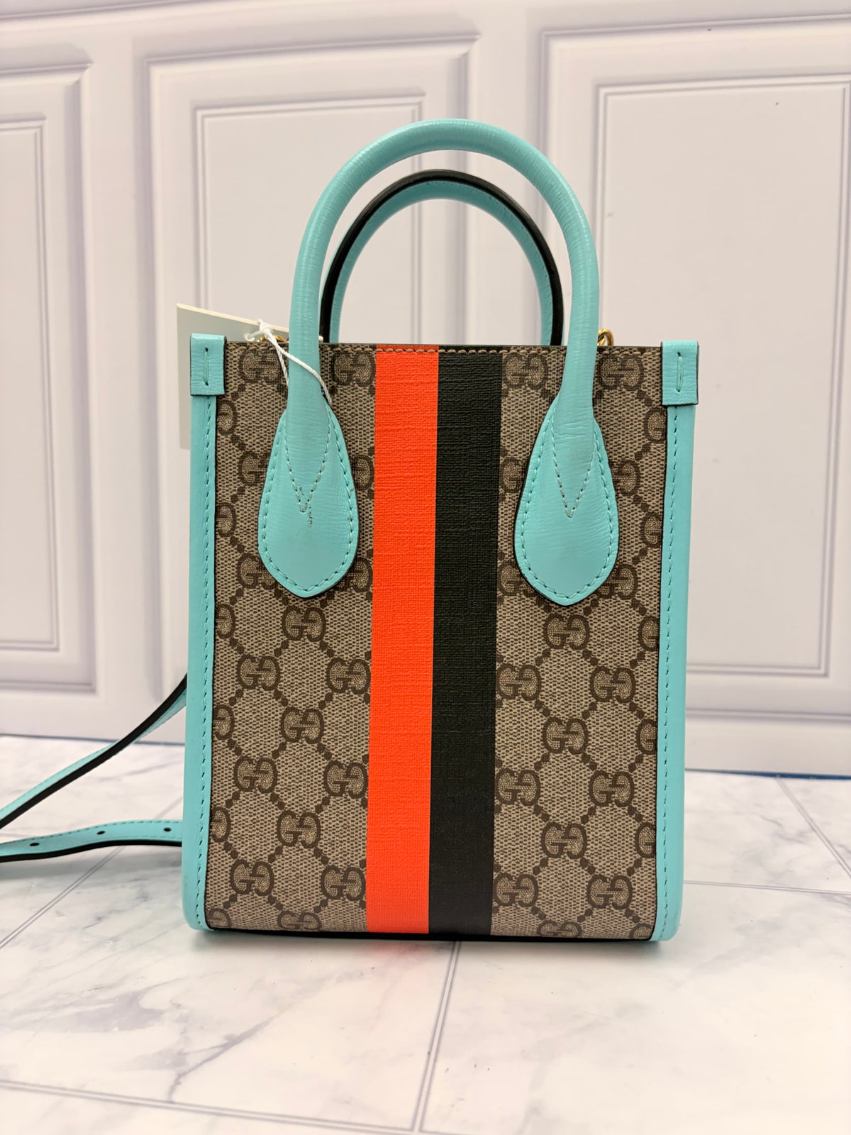 Gucci GG Supreme Canvas Teal Leather Trim Gucci Tiger Mini Two Way Tote Bag