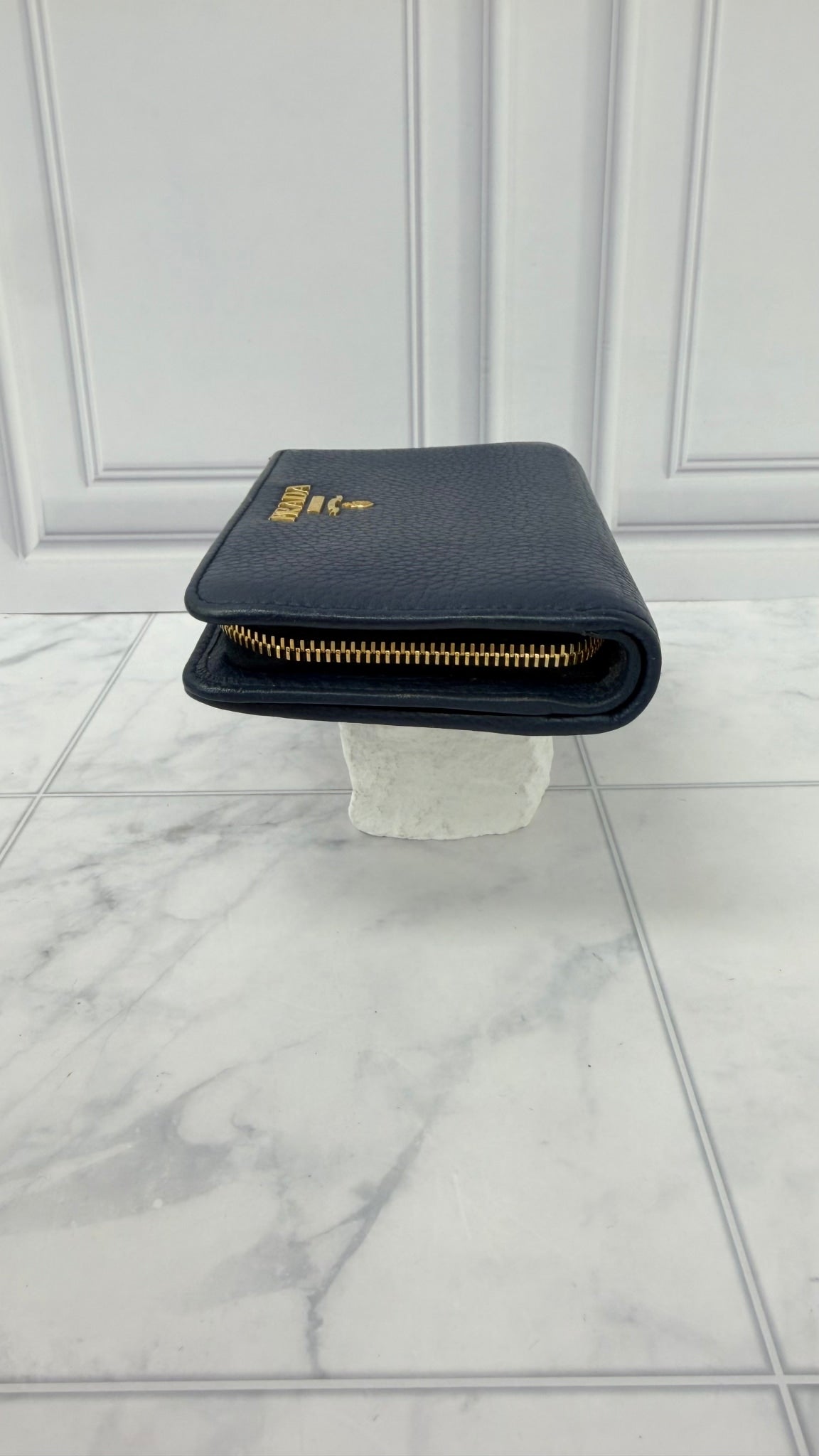 Prada Navy Blue Pebbled Leather Compact Wallet 