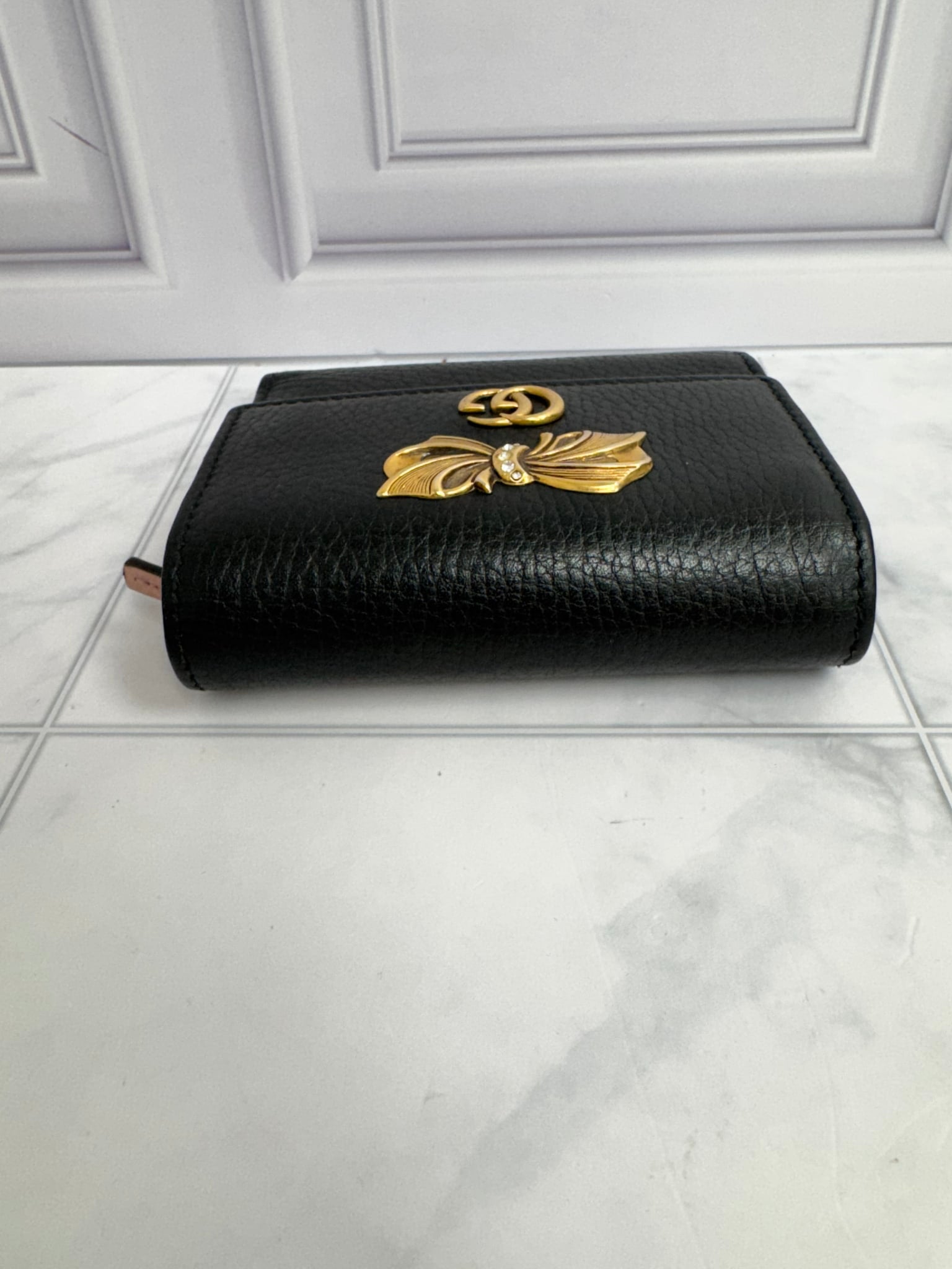 Gucci Black Grained Leather GG Marmont Bow Compact Wallet