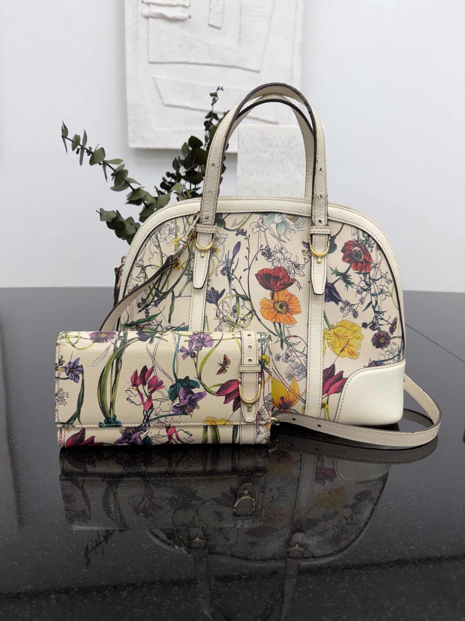 Gucci Ivory Floral Leather Dome 2Way Bag & Wallet