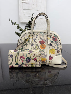 Gucci Ivory Floral Leather Dome 2Way Bag & Wallet