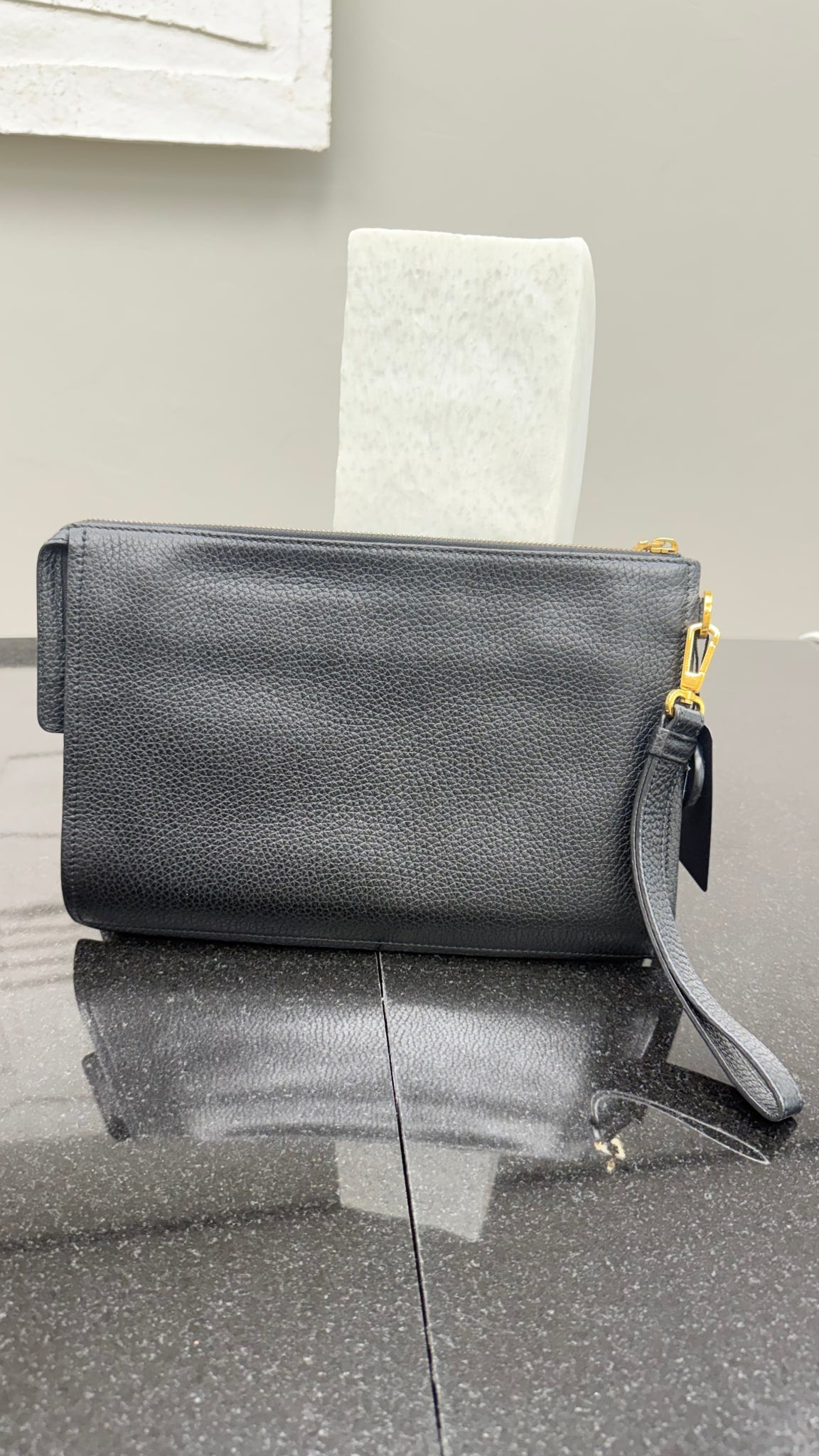 Versace Black Pebbled Leather Yellow Embossed Medusa Clutch
