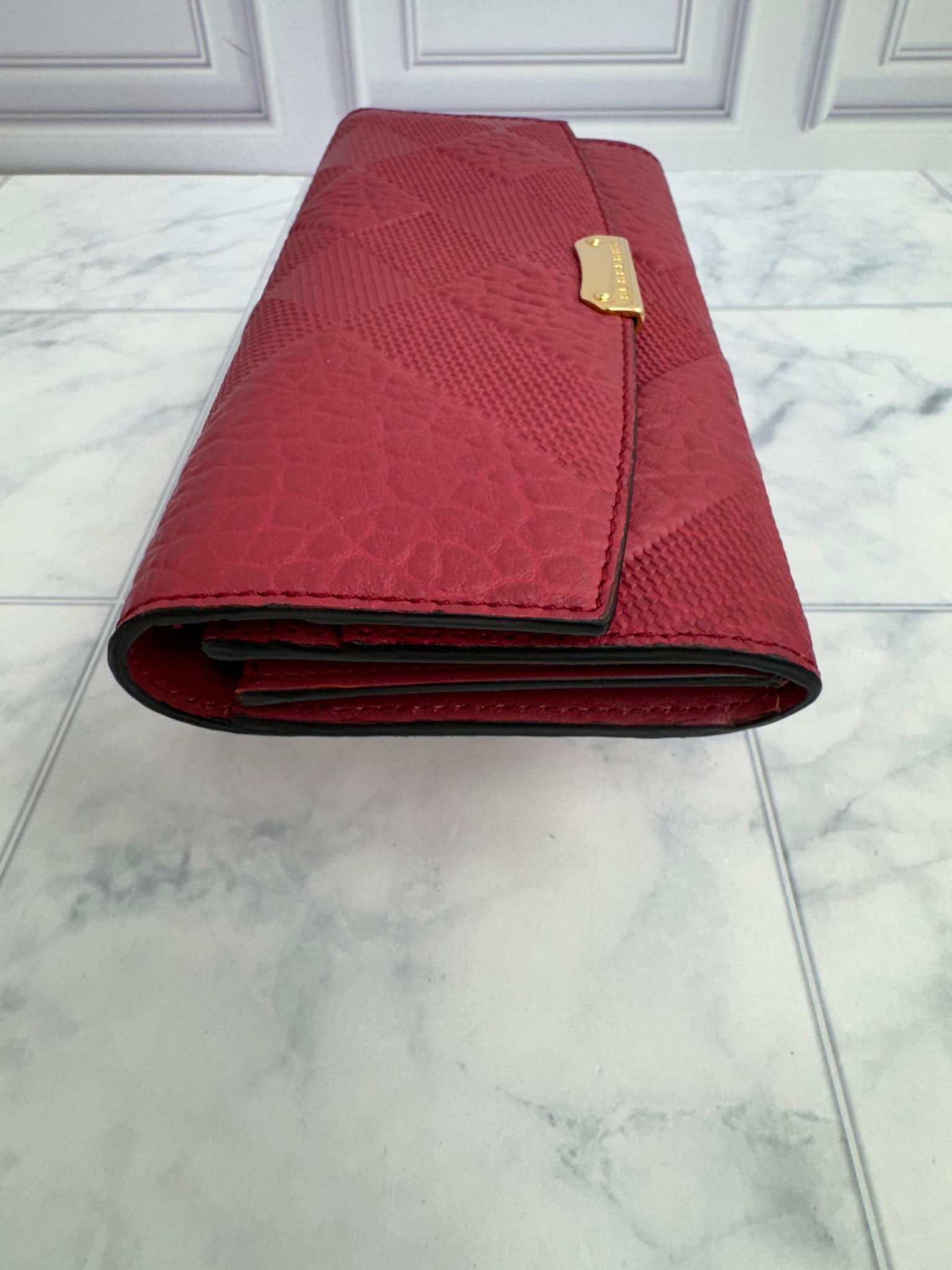 Burberry Burgundy Embossed Check Leather Porter Long Wallet