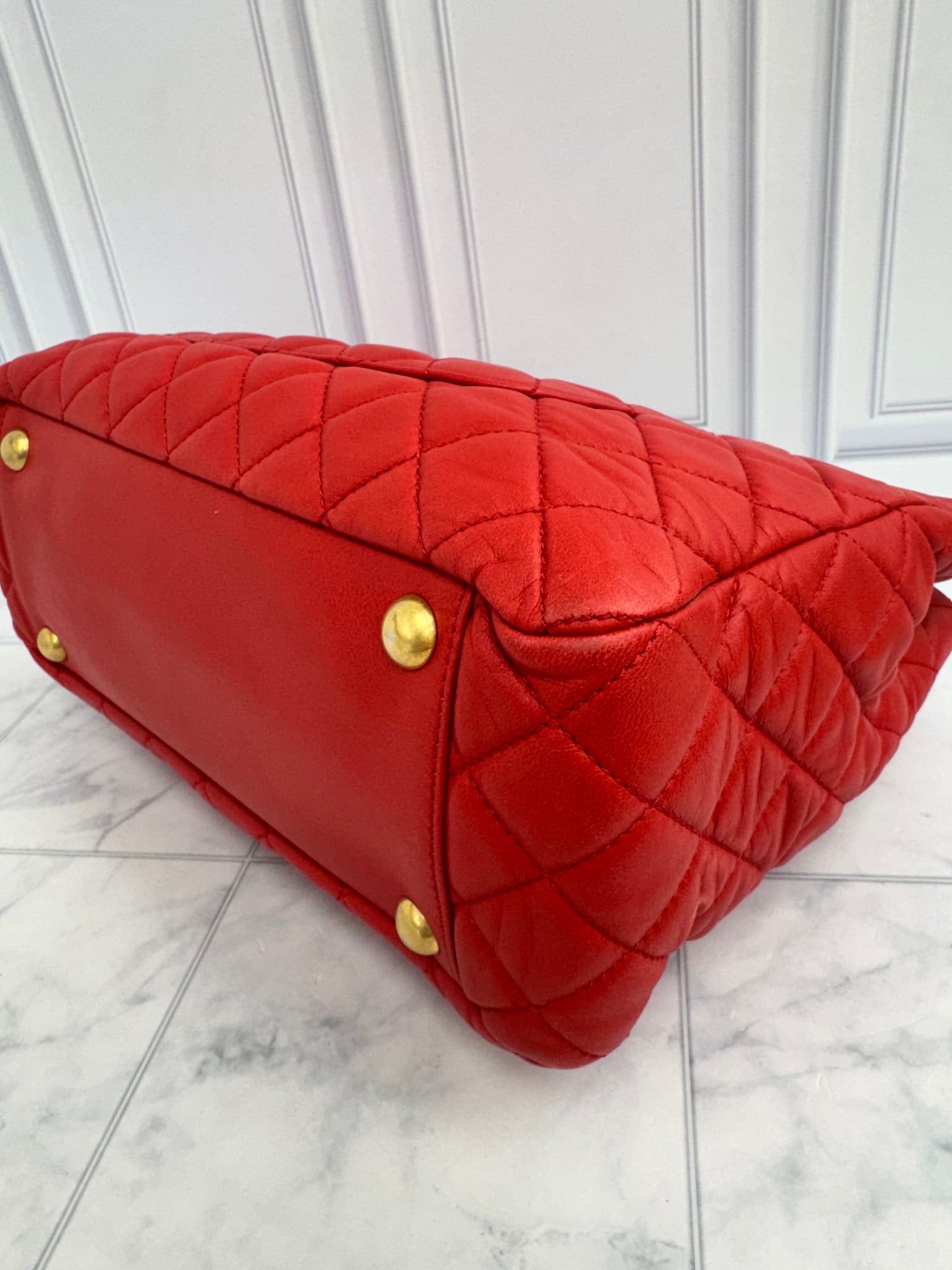 Chanel Red Quilted Lambskin Leather Front Pocket Shopping Tote