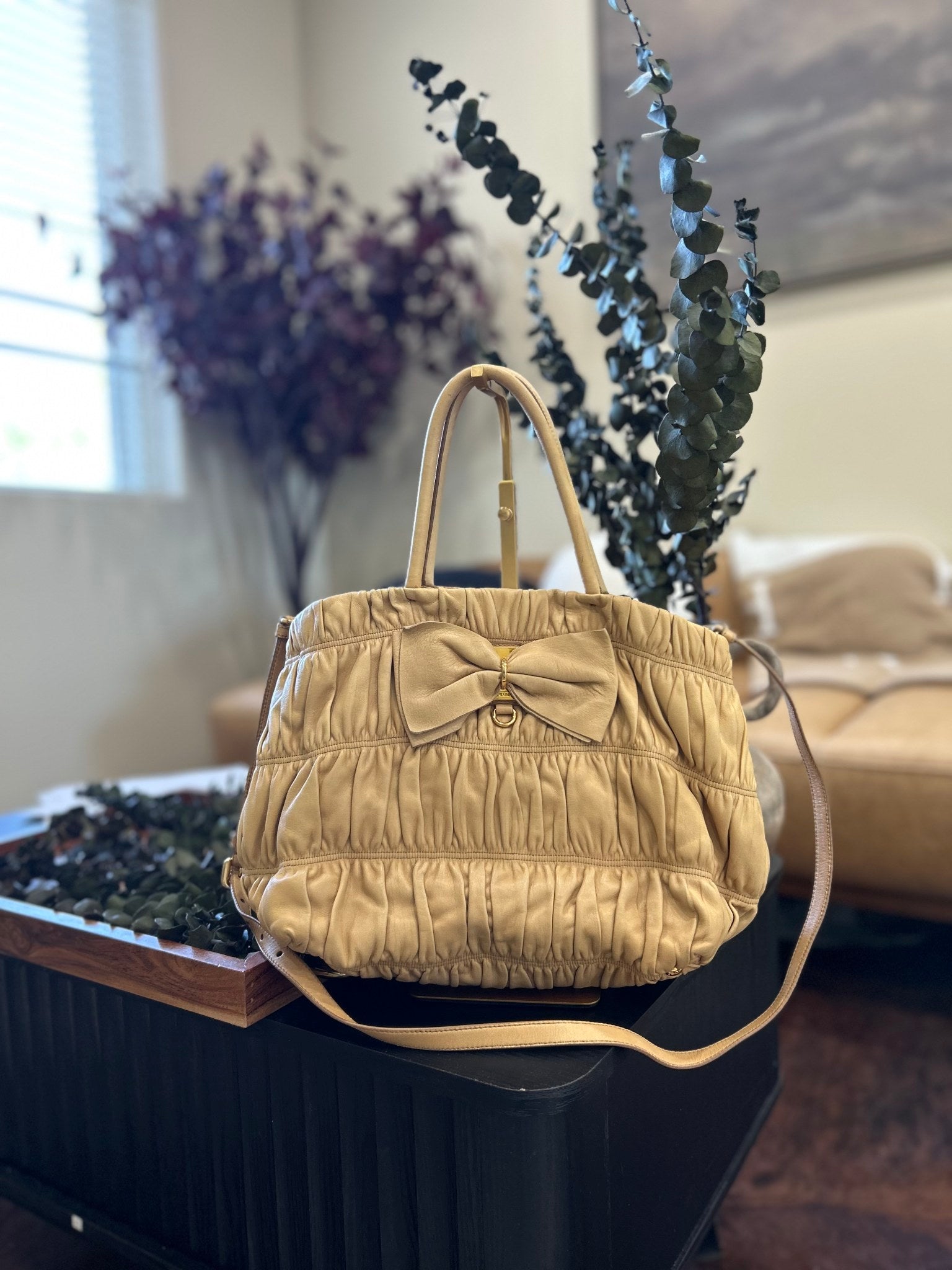 Prada Beige Leather Bow Shoulder Bag