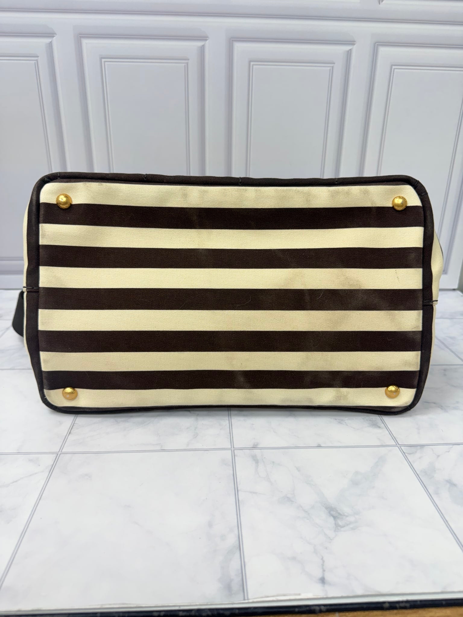 Prada Brown And Cream Canvas Canapa Striped Medium Tote Bag