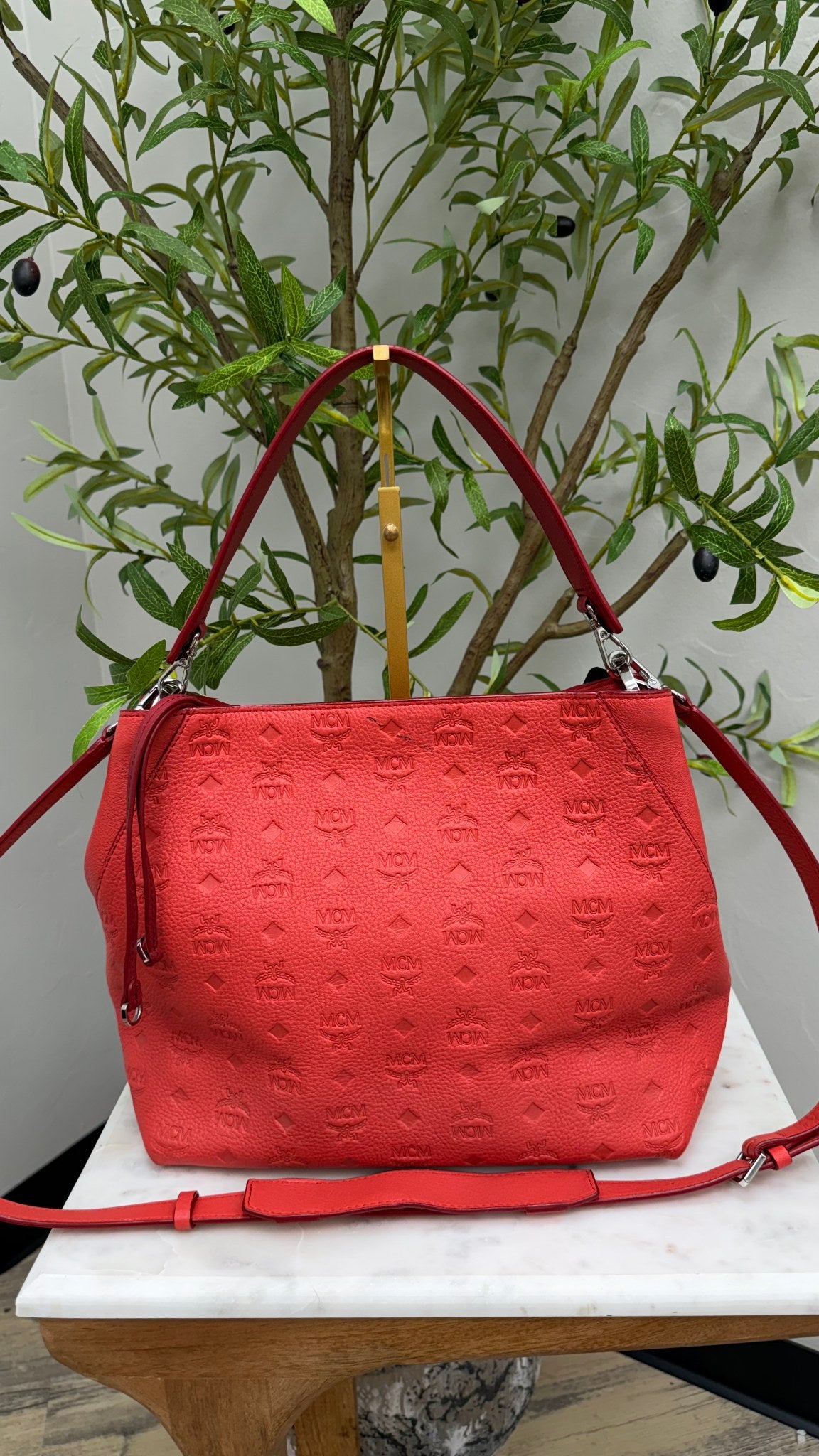 MCM Red Visetos Embossed Leather Klara Hobo Bag