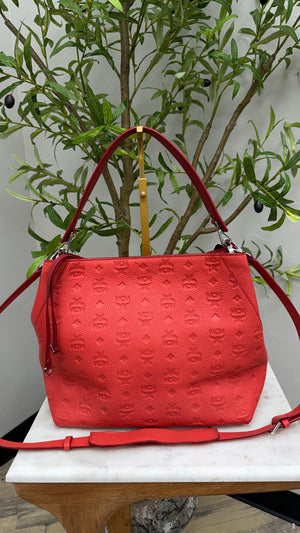 MCM Red Visetos Embossed Leather Klara Hobo Bag