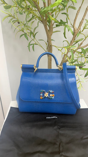 BRAND NEW - Dolce & Gabbana Blue Lizard Leather Sicily Top Handle Handbag