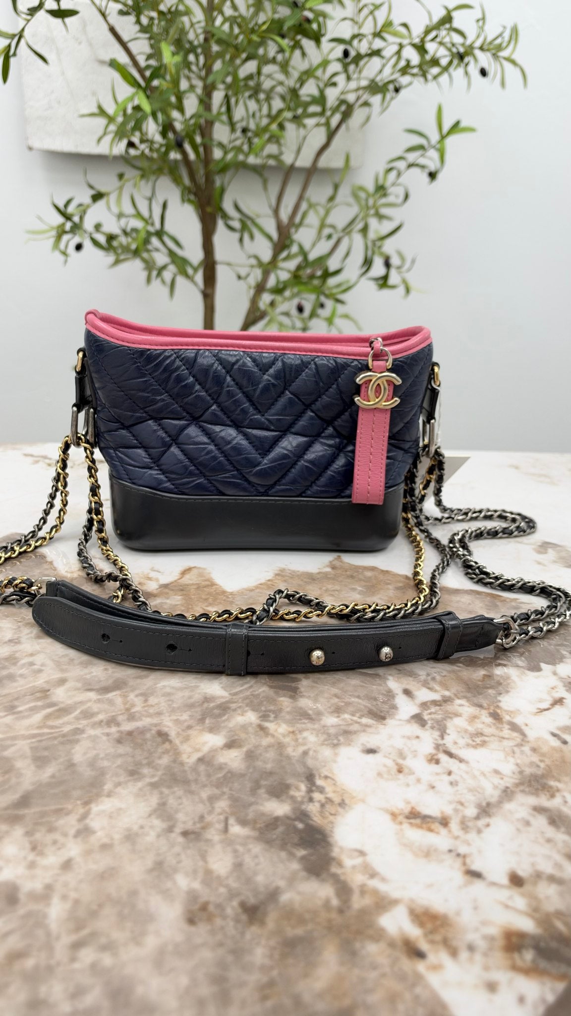 Chanel Navy And Pink Aged Calfskin Gabrielle Small Hobo Bag