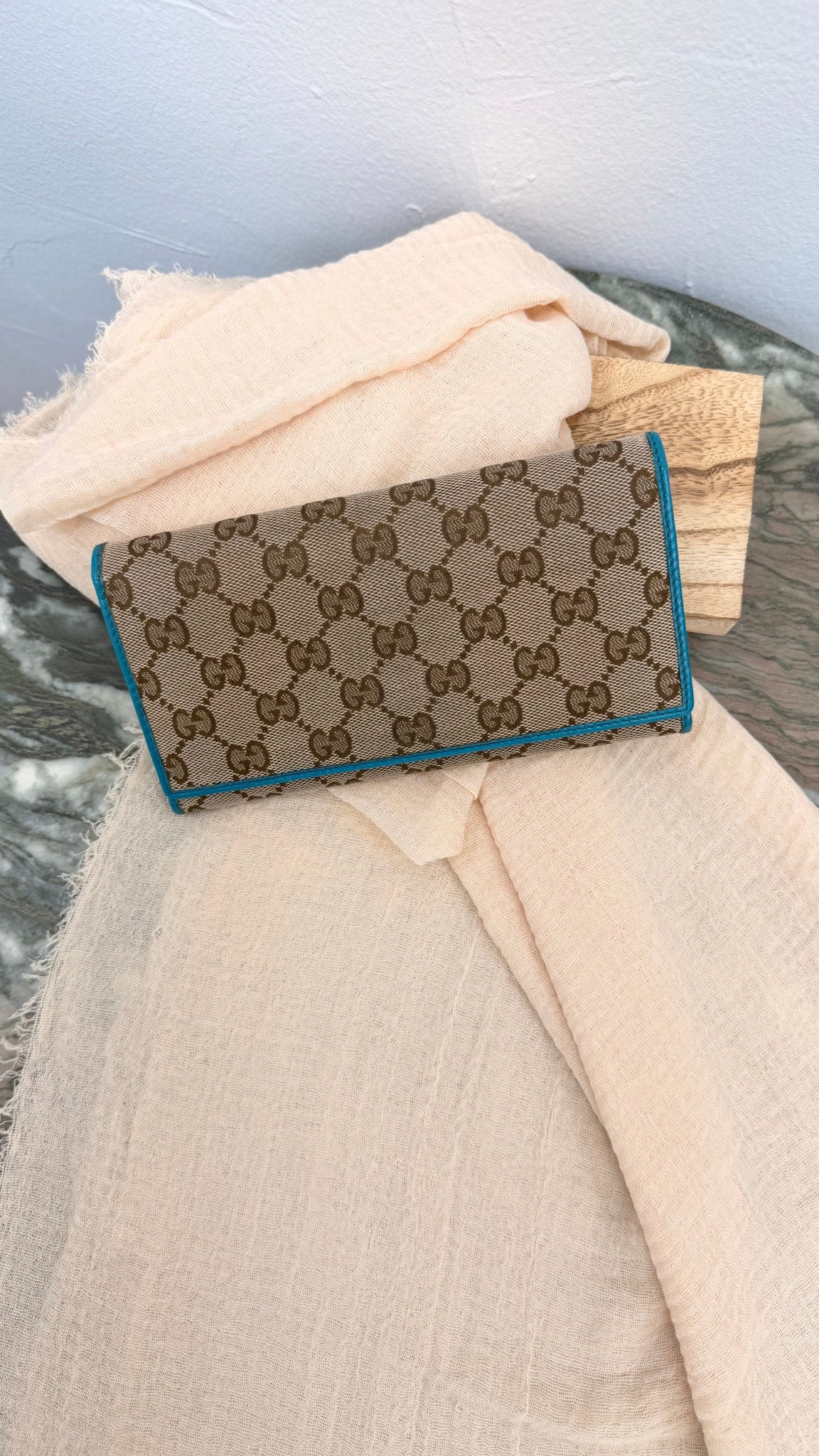 Gucci Brown And Teal GG Canvas Long Wallet 