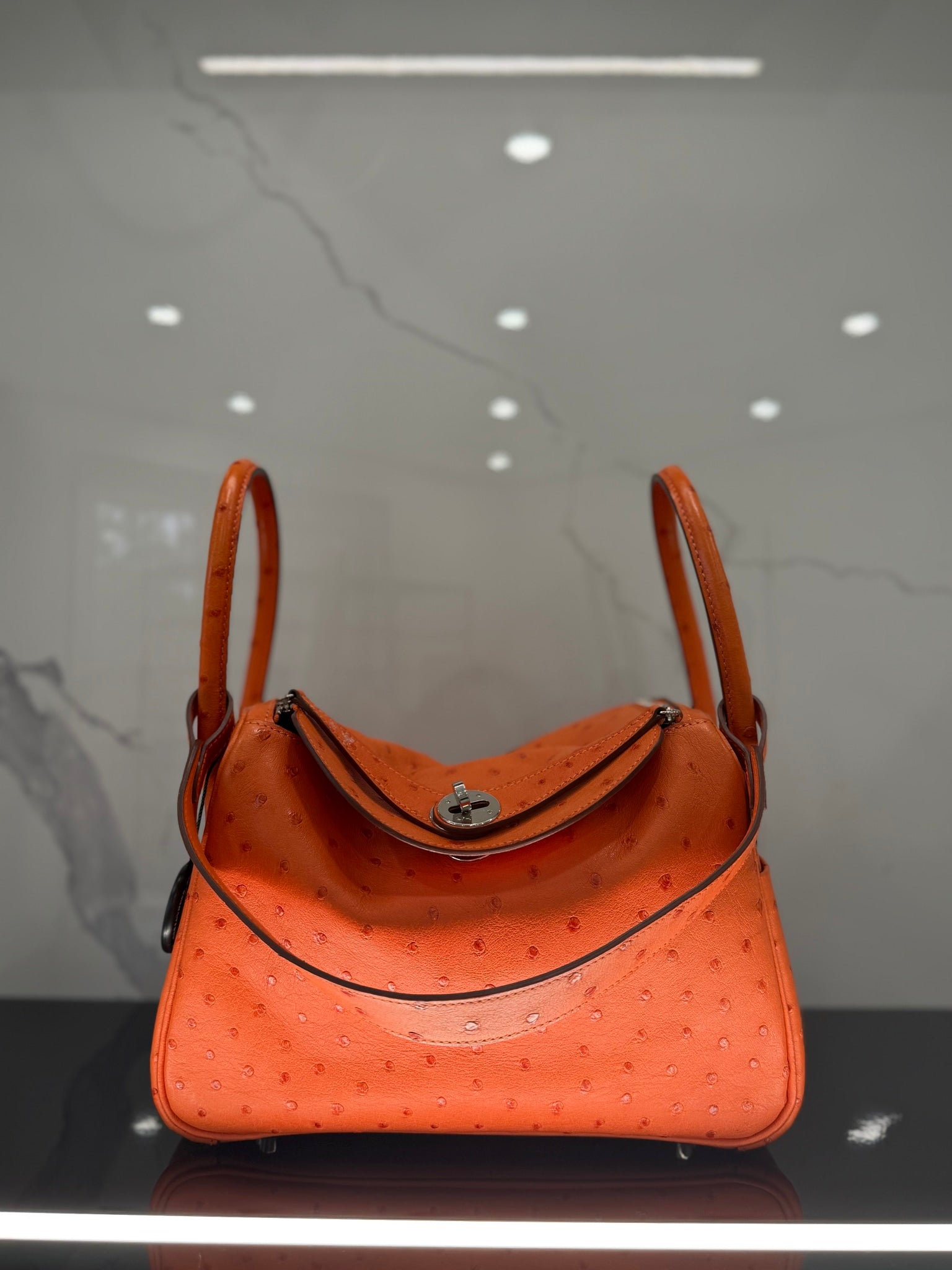 Hermes Tangerine Ostrich Leather Lindy 26