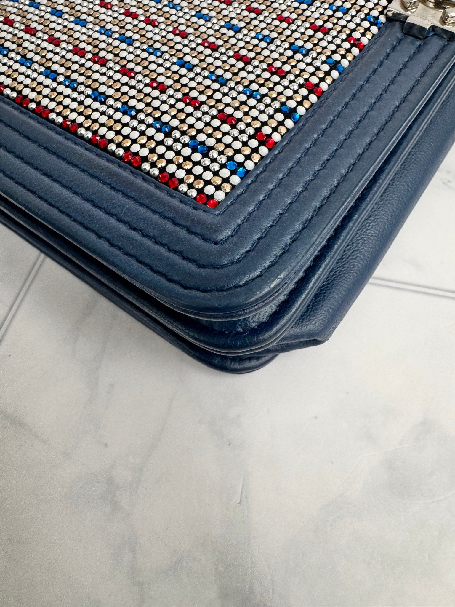 Chanel Blue Embellished Strass Boy Wallet On A Chain