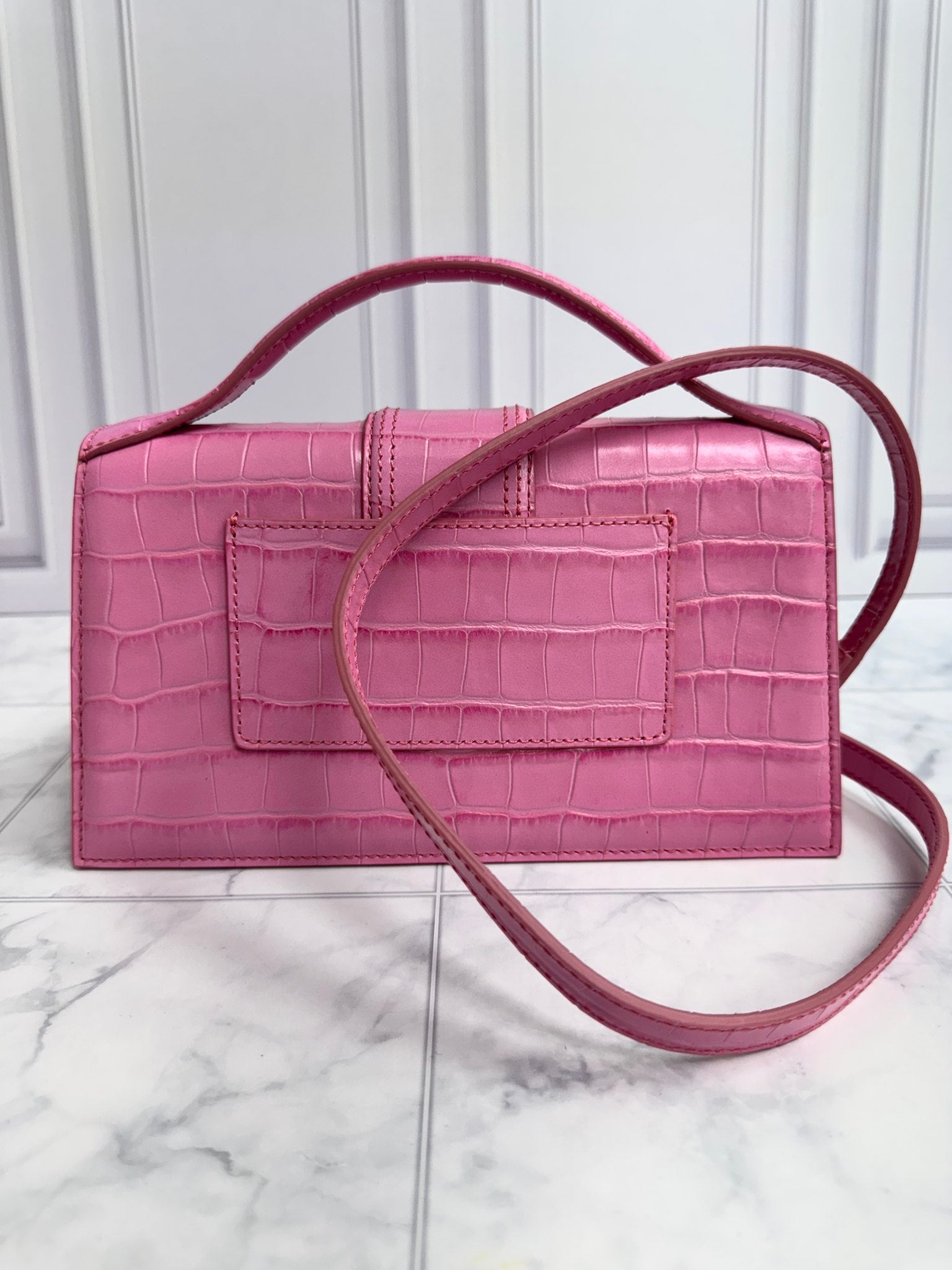 BRAND NEW - Jacquemus Pink Croc Embossed Leather Le Bambino Long 2Way Bag