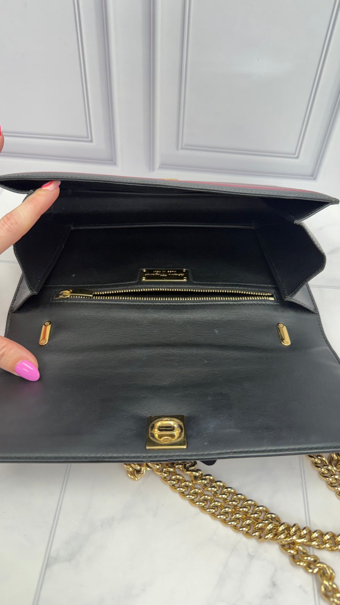 Salvatore Ferragamo Black Leather Pink Striped Chain Bag
