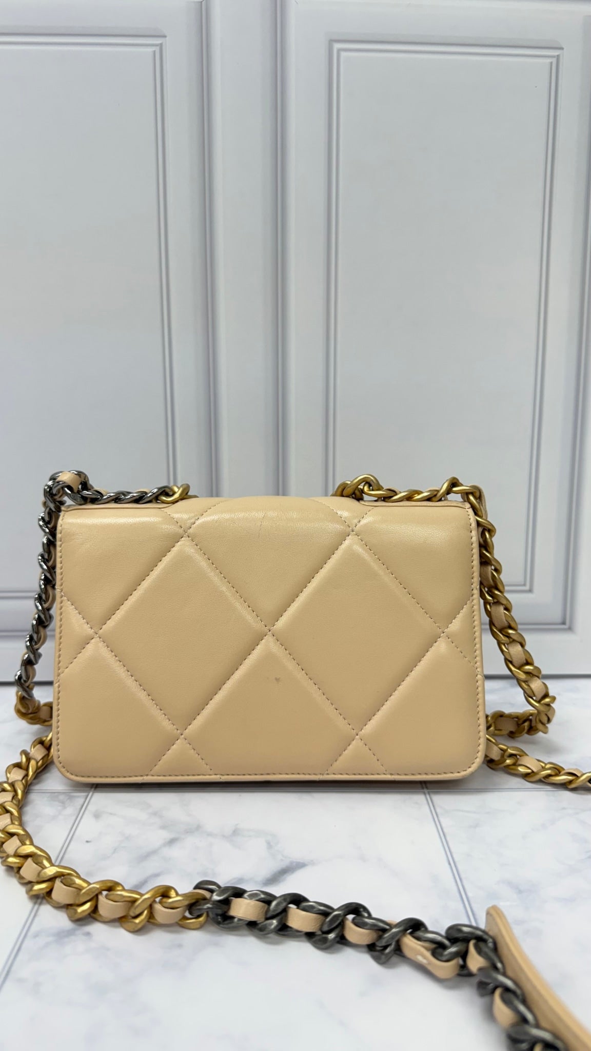 Chanel Beige Quilted Lambskin Leather Chanel 19 Wallet On A Chain
