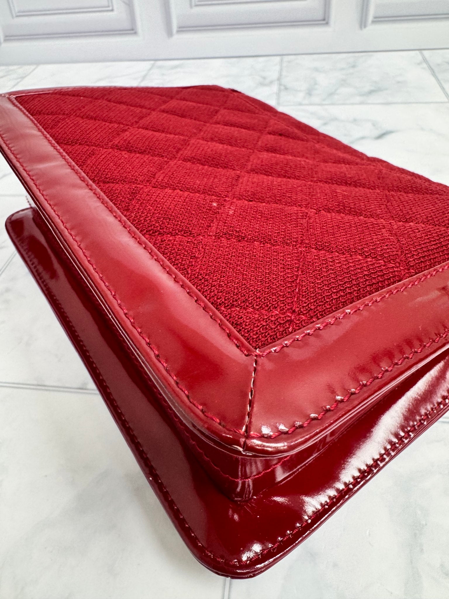 Chanel Red Quilted Jersey And Patent Leather 2.55 Reissue Flap Shoulder Bag