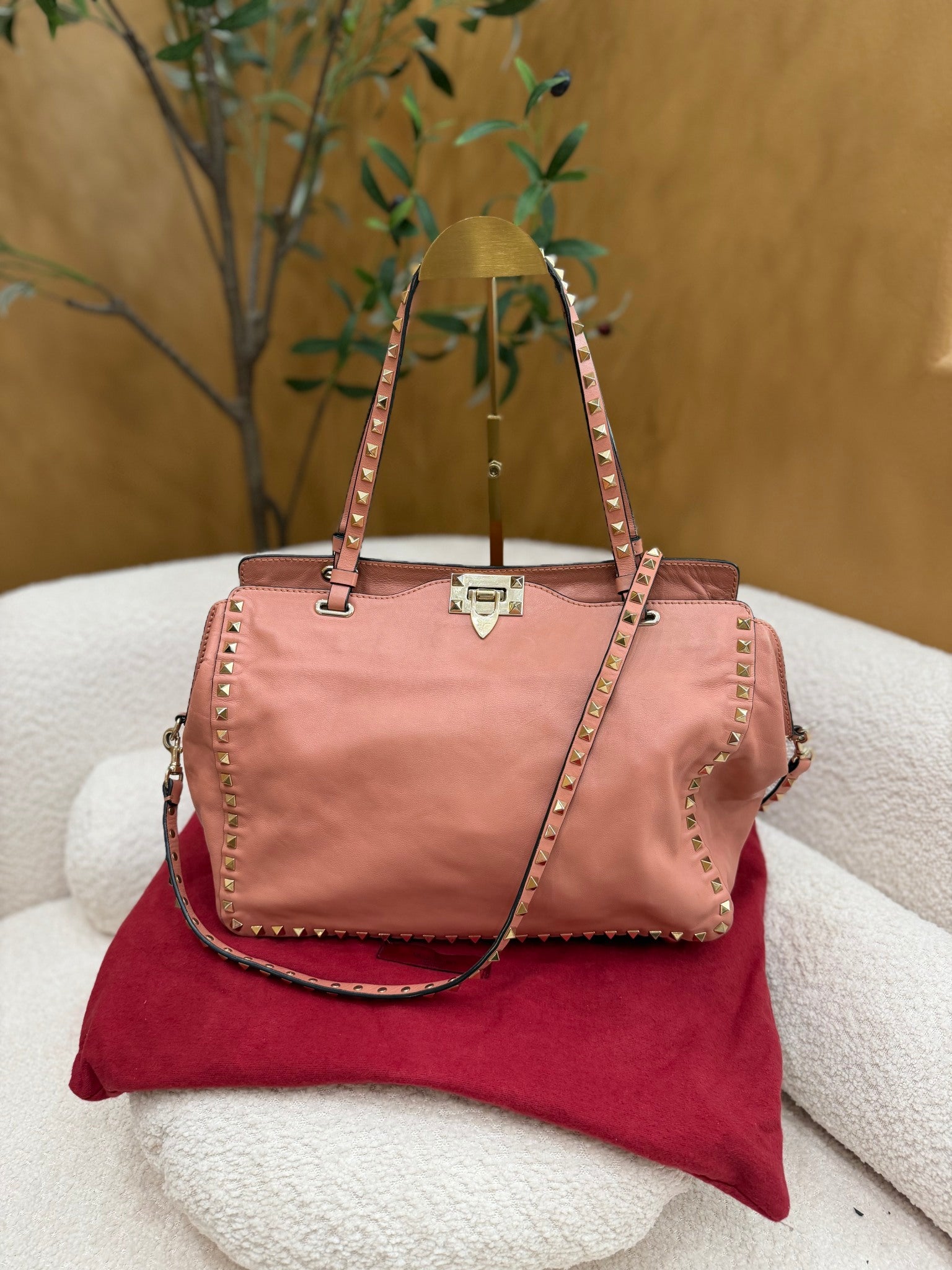 Valentino Salmon Leather Medium Rockstud Shoulder Tote