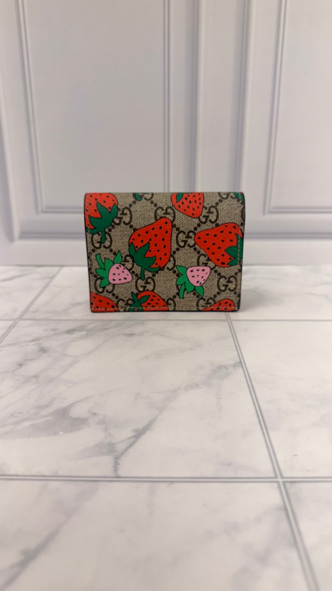 Gucci Pink GG Supreme Strawberry Compact Wallet 