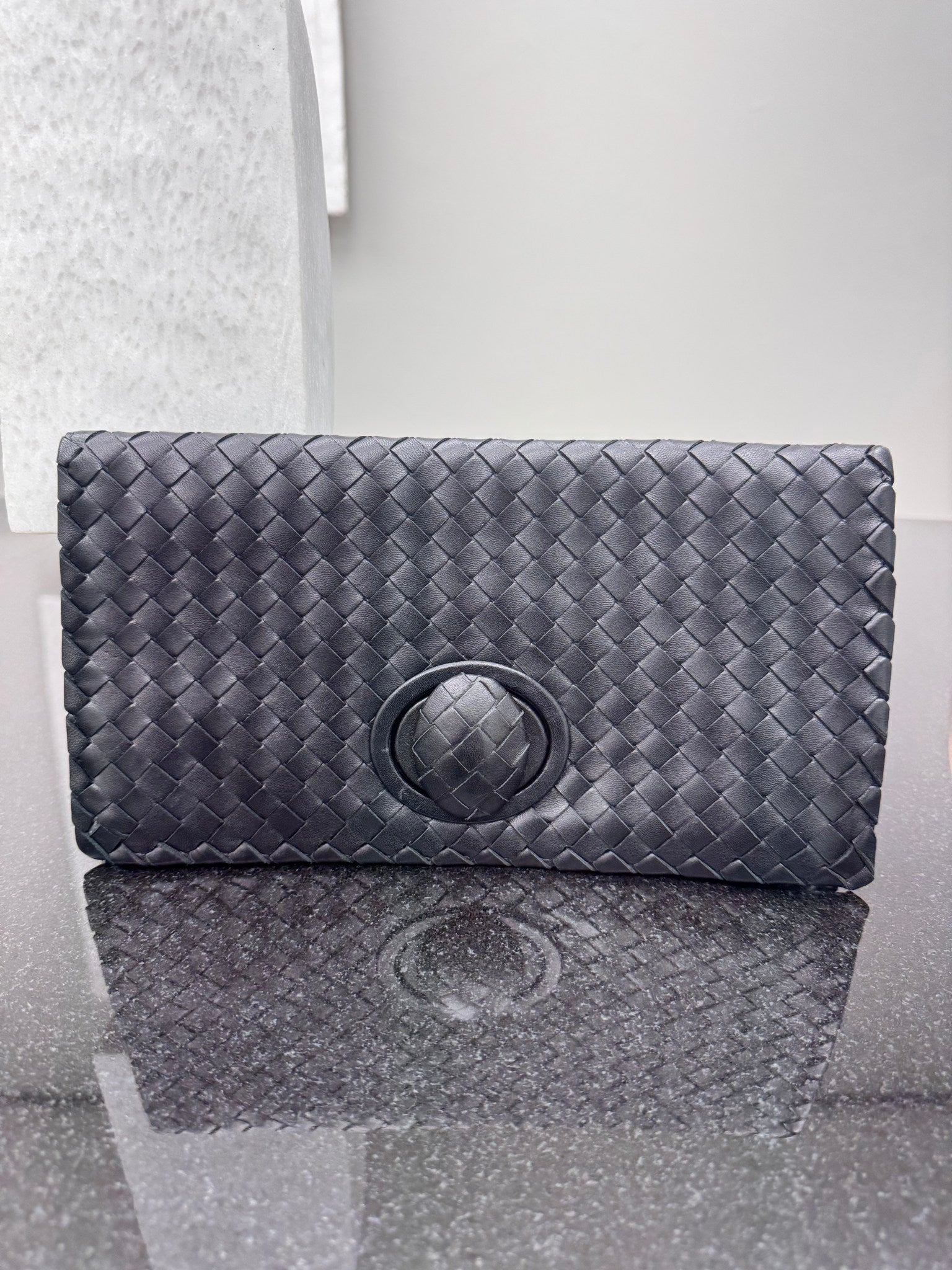 Bottega Veneta Black Intrecciato Leather Turn Lock Clutch Bag