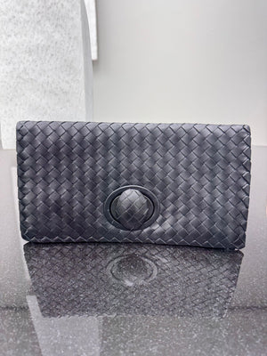 Bottega Veneta Black Intrecciato Leather Turn Lock Clutch Bag