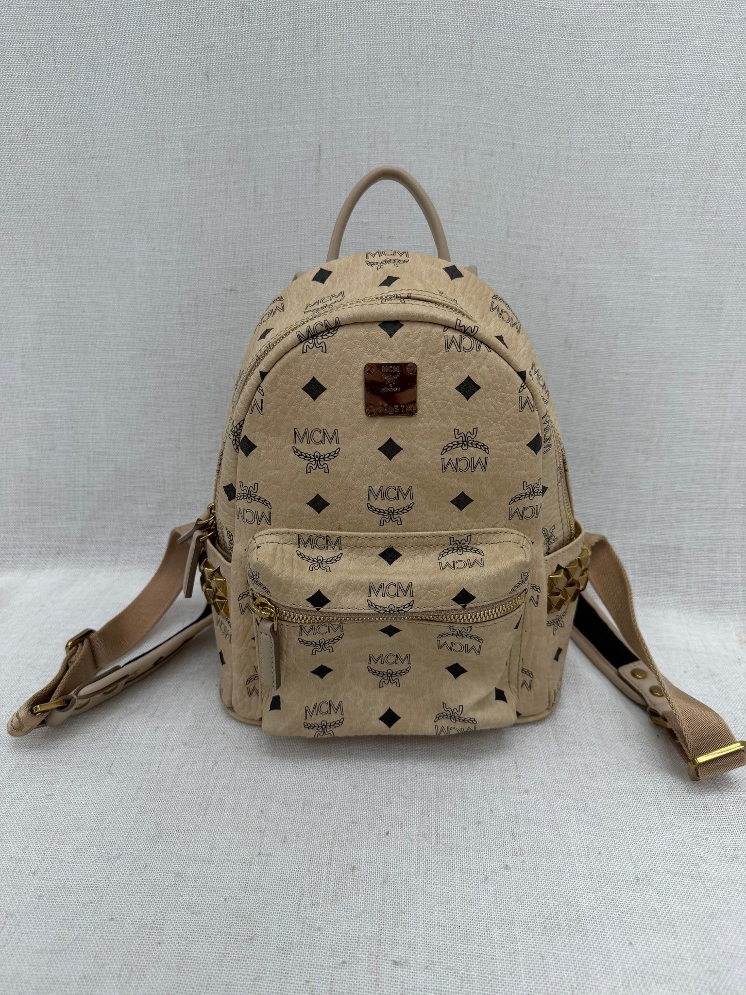 MCM Beige Visetos Leather Studded Mini Backpack
