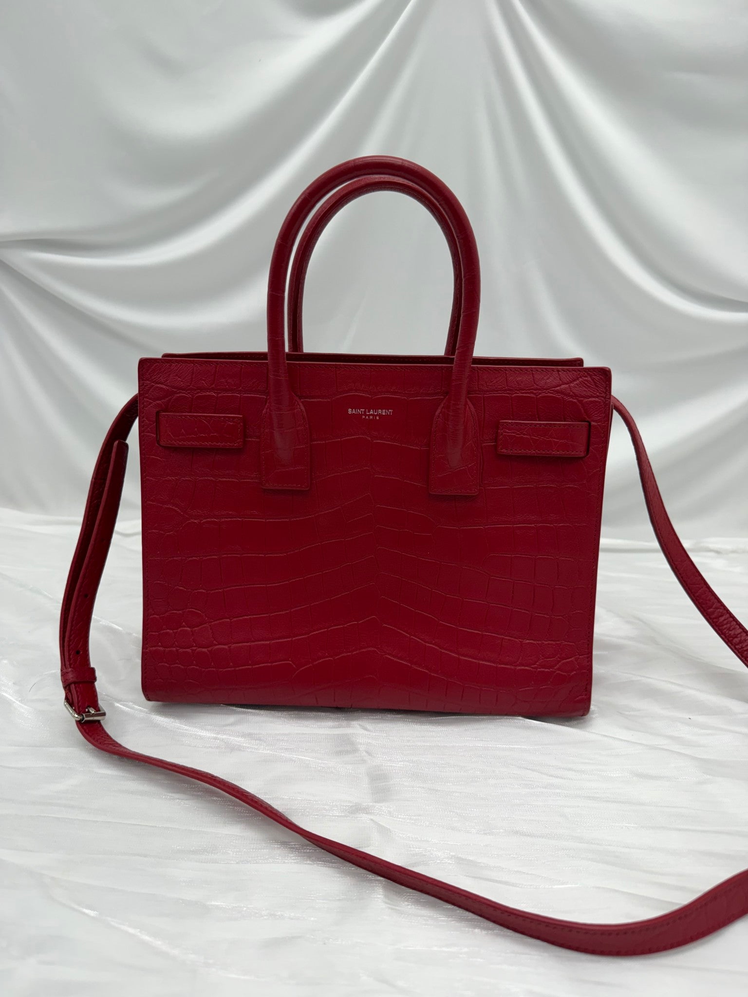 Saint Laurent YSL Red Croc Embossed Baby Sac de Jour Tote
